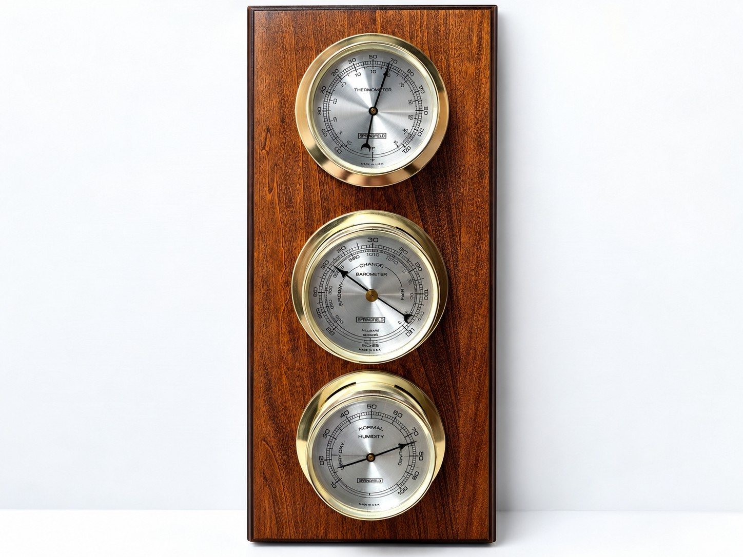 Vintage Springfield 3 Dial Weather Station Barometer Thermometer Hygrometer USA