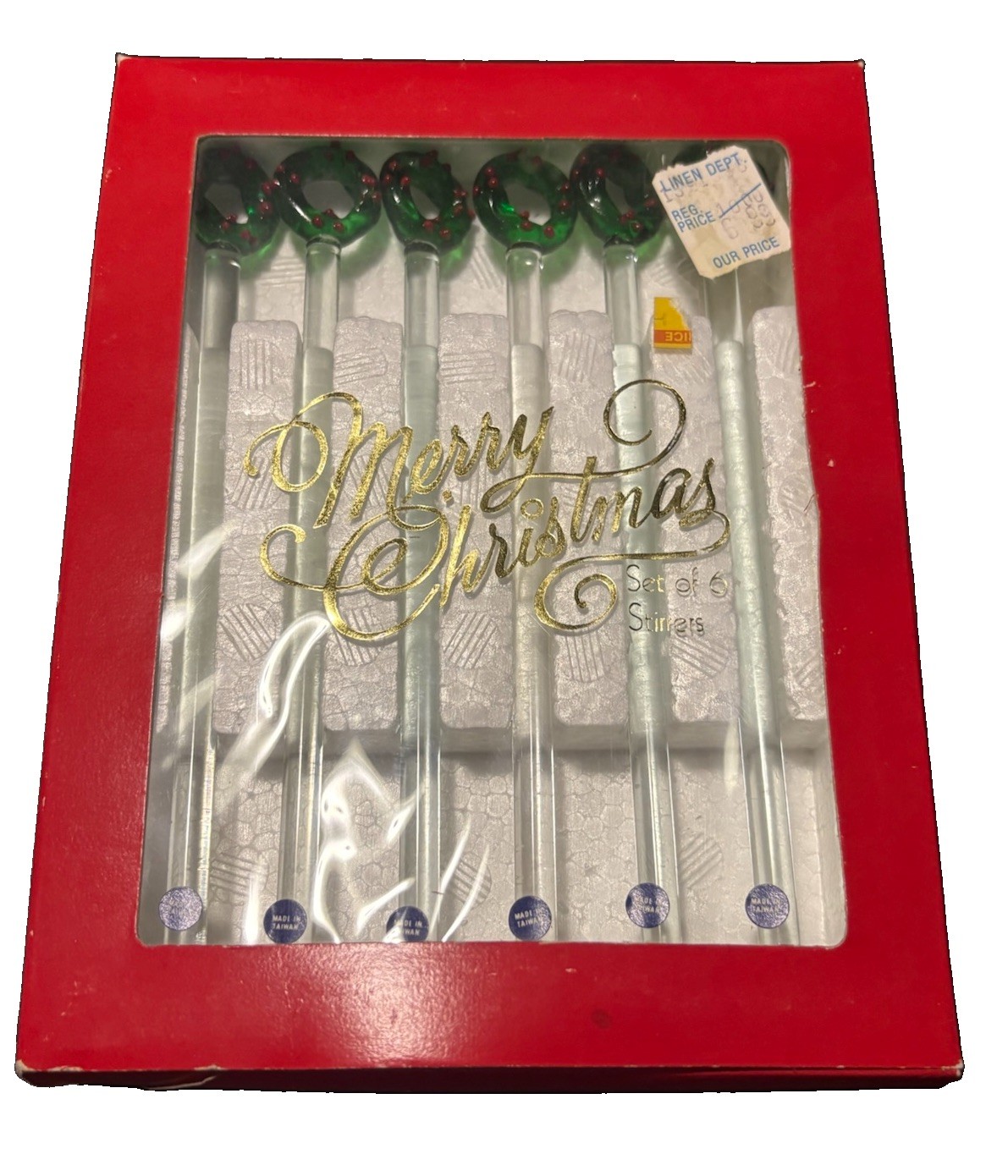 Vintage Two\'s Company Christmas Wreath Glass Stirrer Swivel Stick Boxed Set of 6