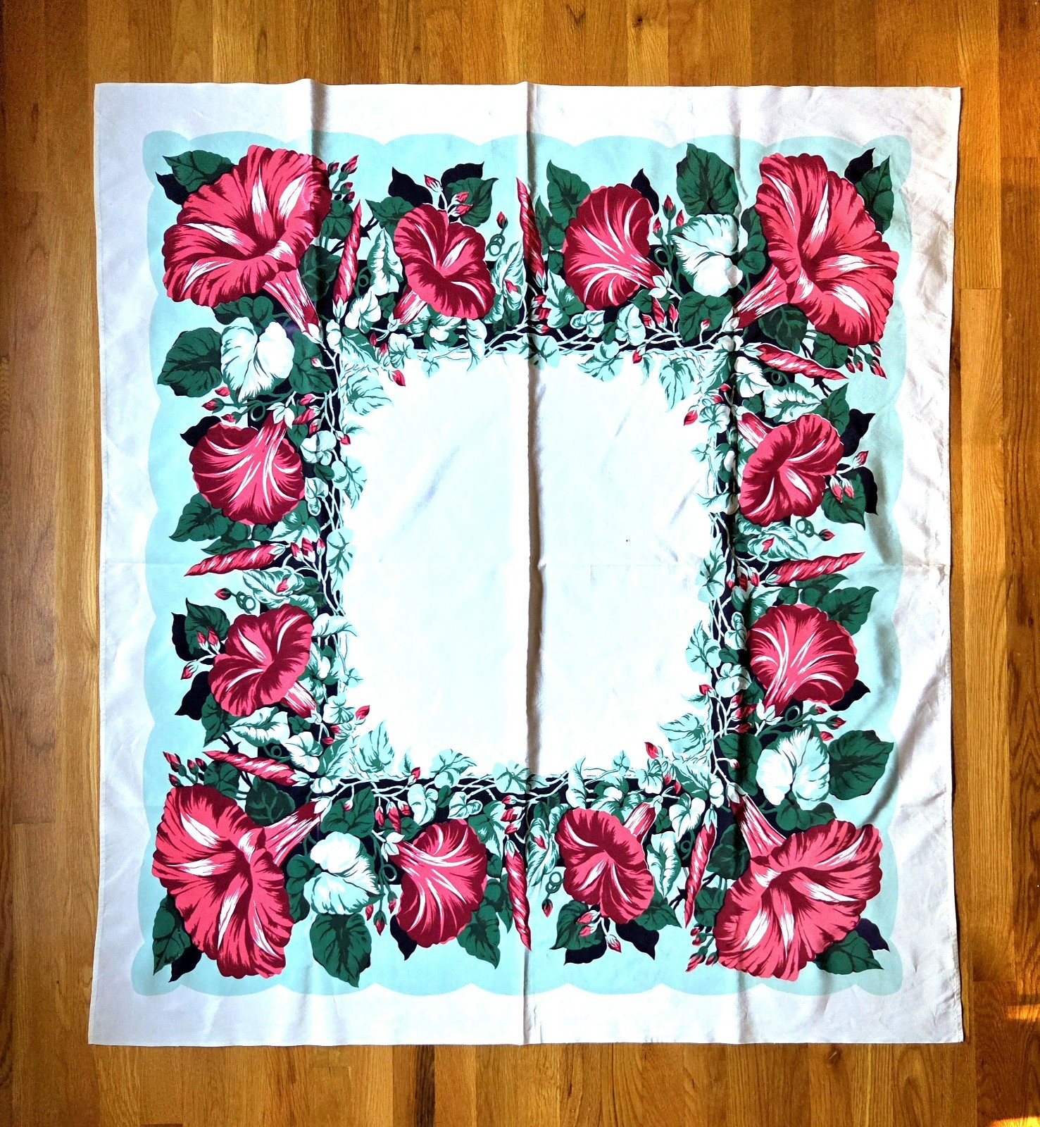 Vintage California Hand Prints Tablecloth 46x52 Red Green White Morning Glories Vintage California Hand Prints Tablecloth 46x52 Red Green White Morning Glories
