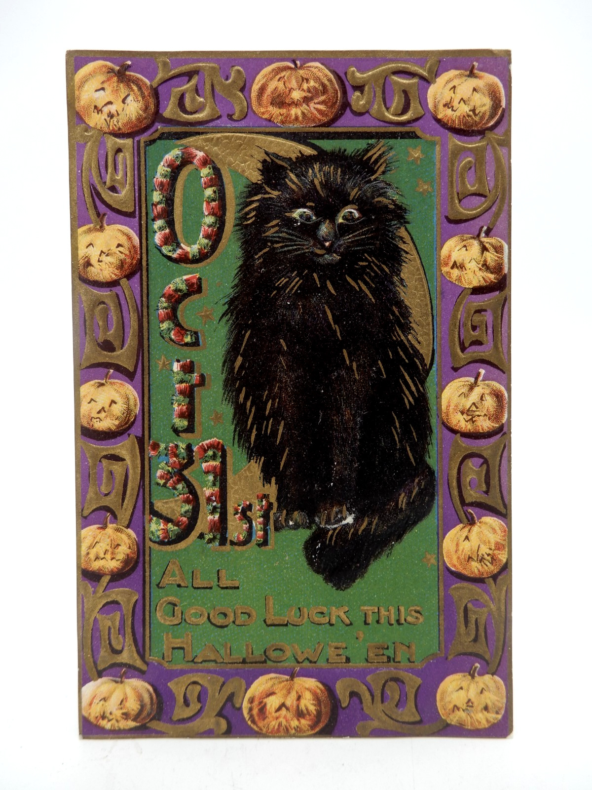 Fantasy All Good Luck This Halloween Oct 31st Postcard Black Cat JOL Border.
