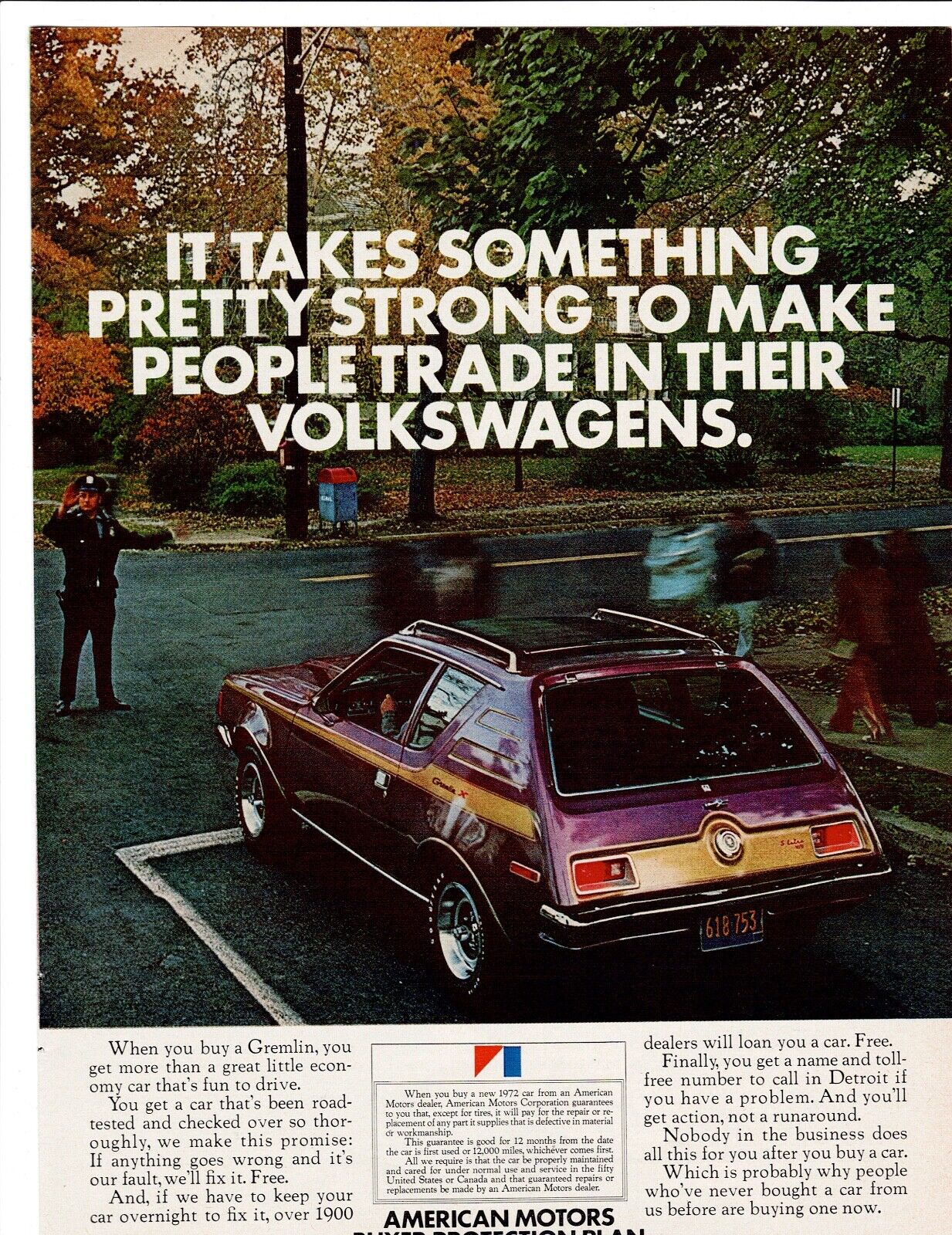 Purple 1972 AMC GREMLIN Car Print Ad ~ Something Strong People Trade in VW