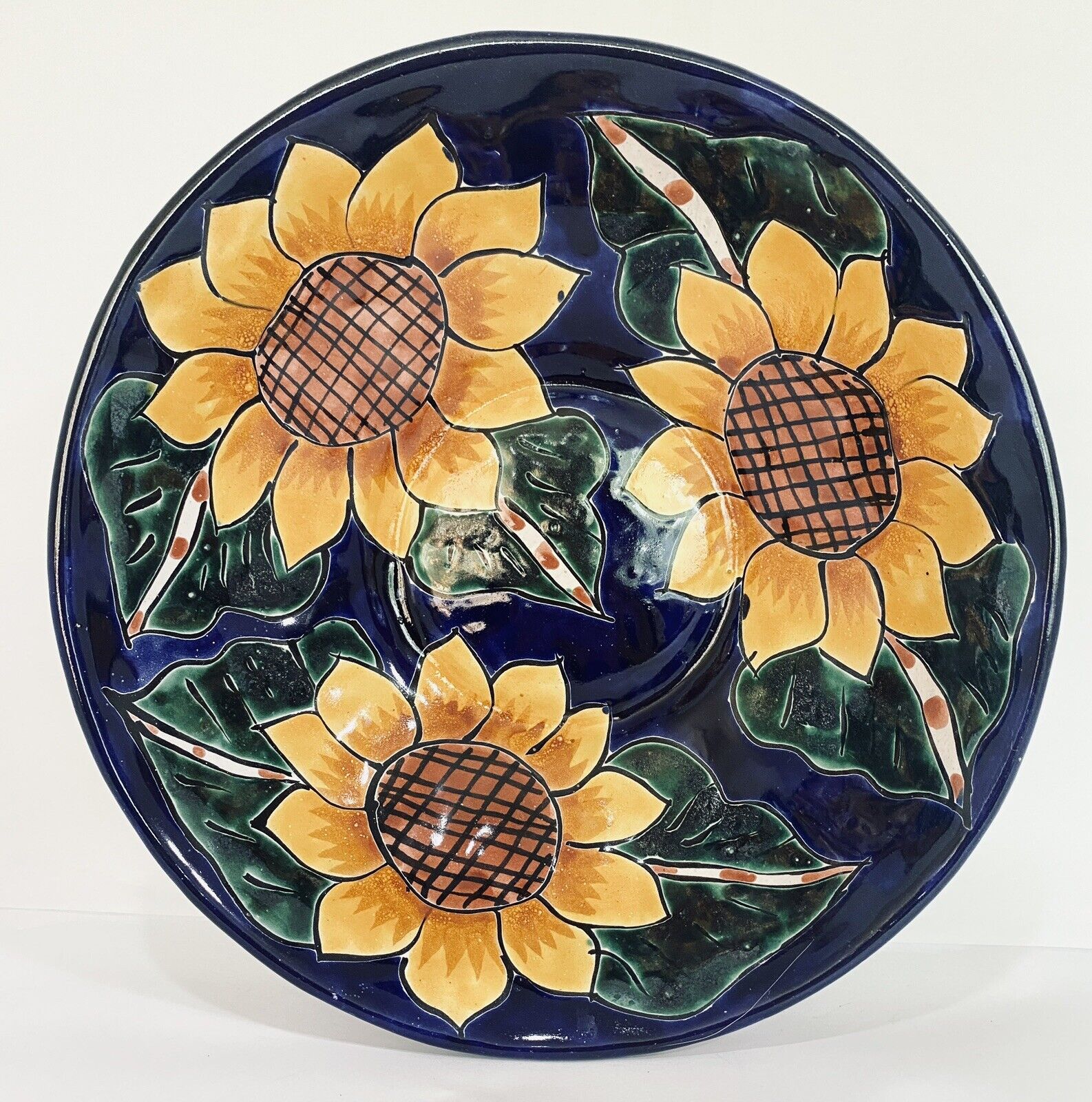 Large Talavera Sunflowers Bowl Mexican Folk Art 11.5” Hand Painted Redware