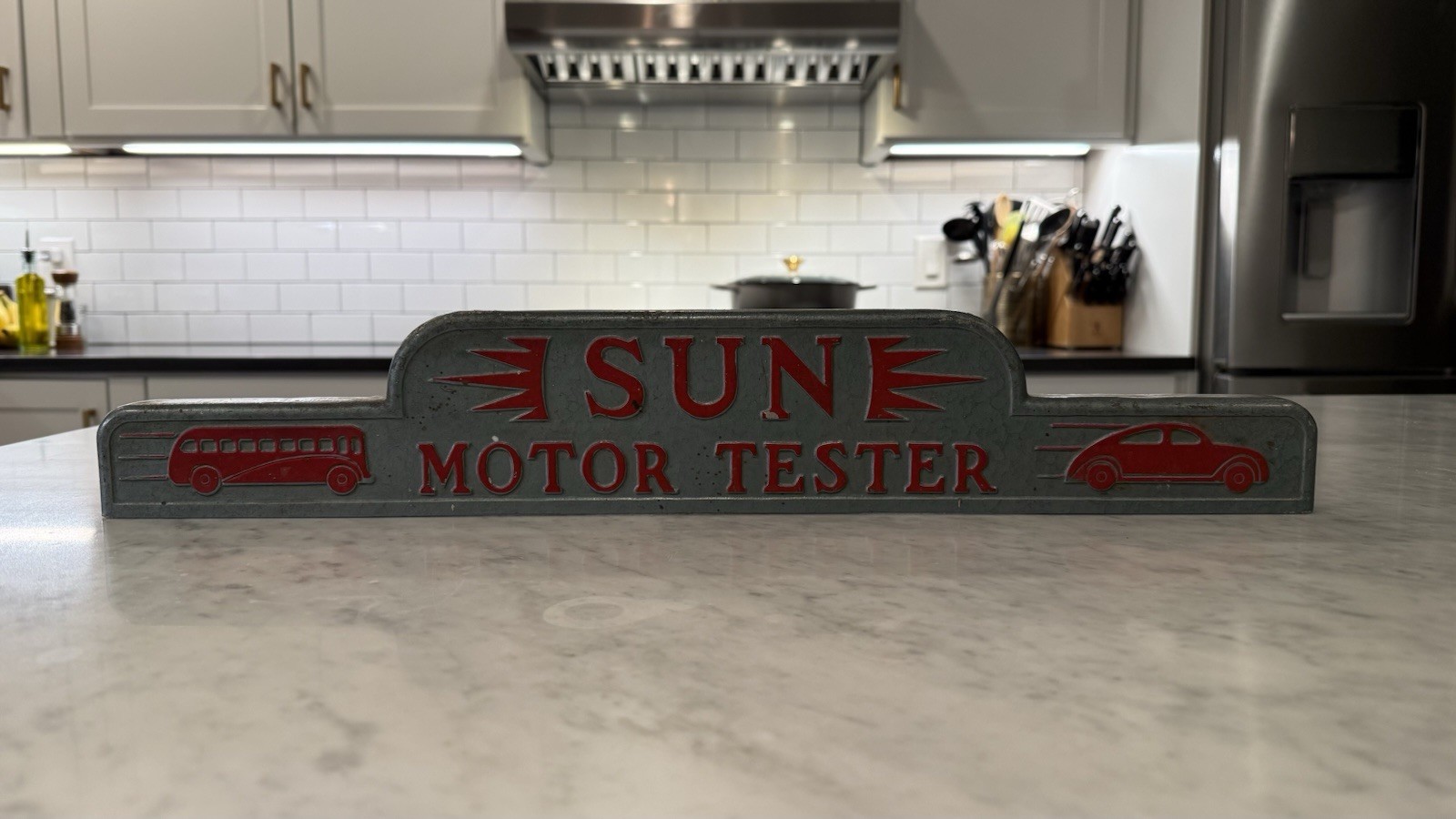 Vintage 1950s SUN Motor Tester Topper Sign Original Cast Aluminum MMT