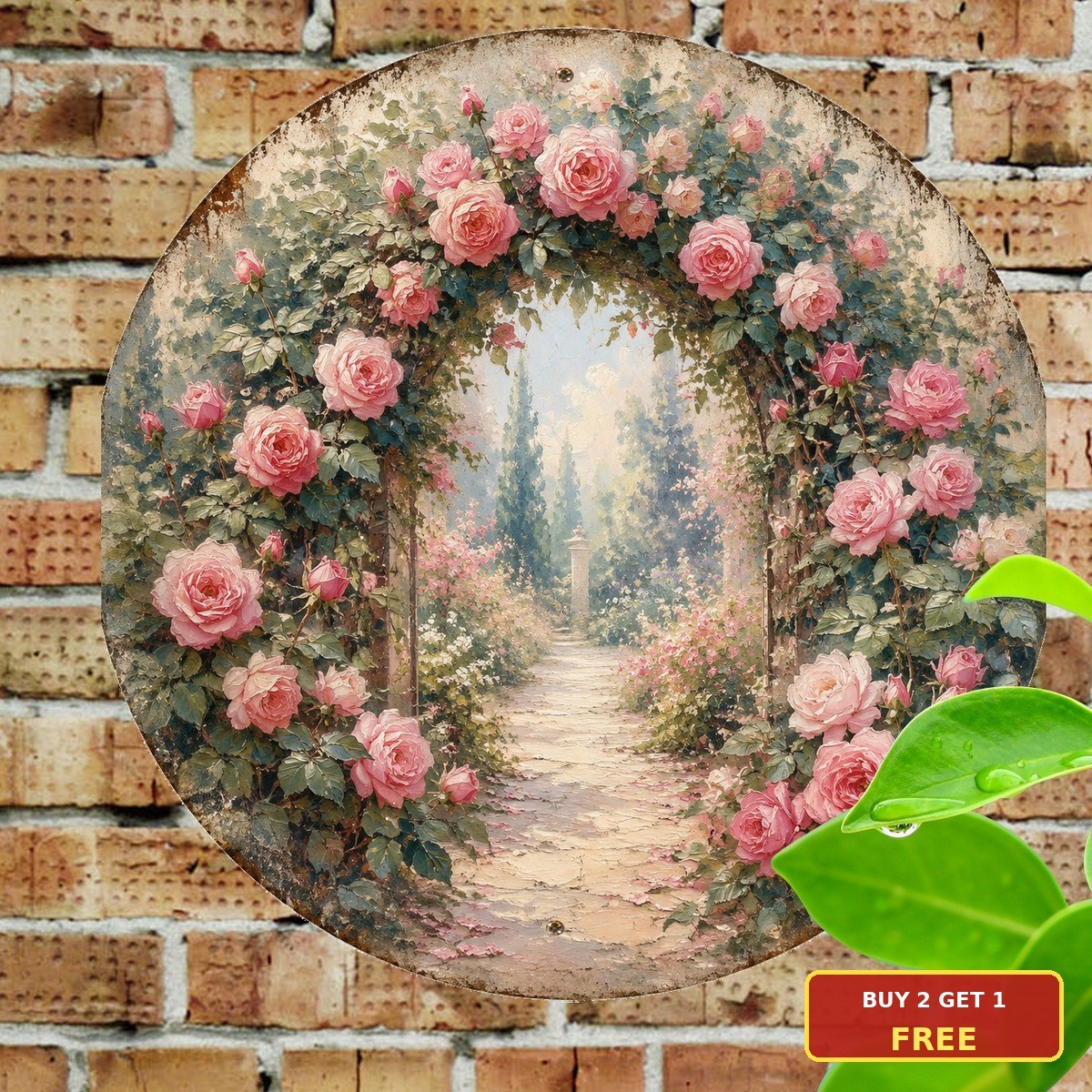 Pink Roses Green Foliage Round Tin Sign Elegant Garden Floral Home Art Plaque