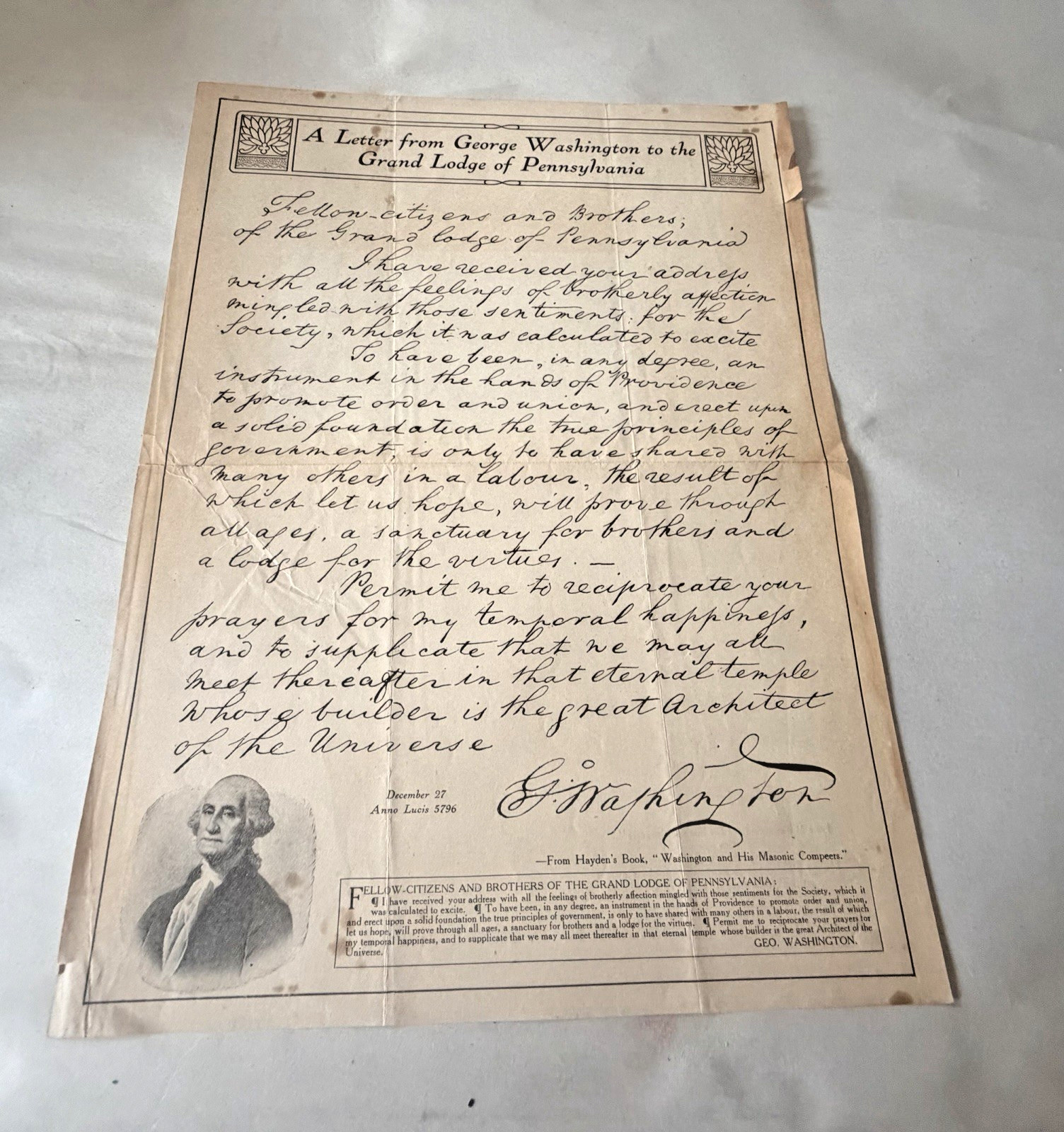 Antique George Washington Masonic Letter Grand Lodge Pennsylvania Macoy Reprint Antique George Washington Masonic Letter Grand Lodge Pennsylvania Macoy Reprint