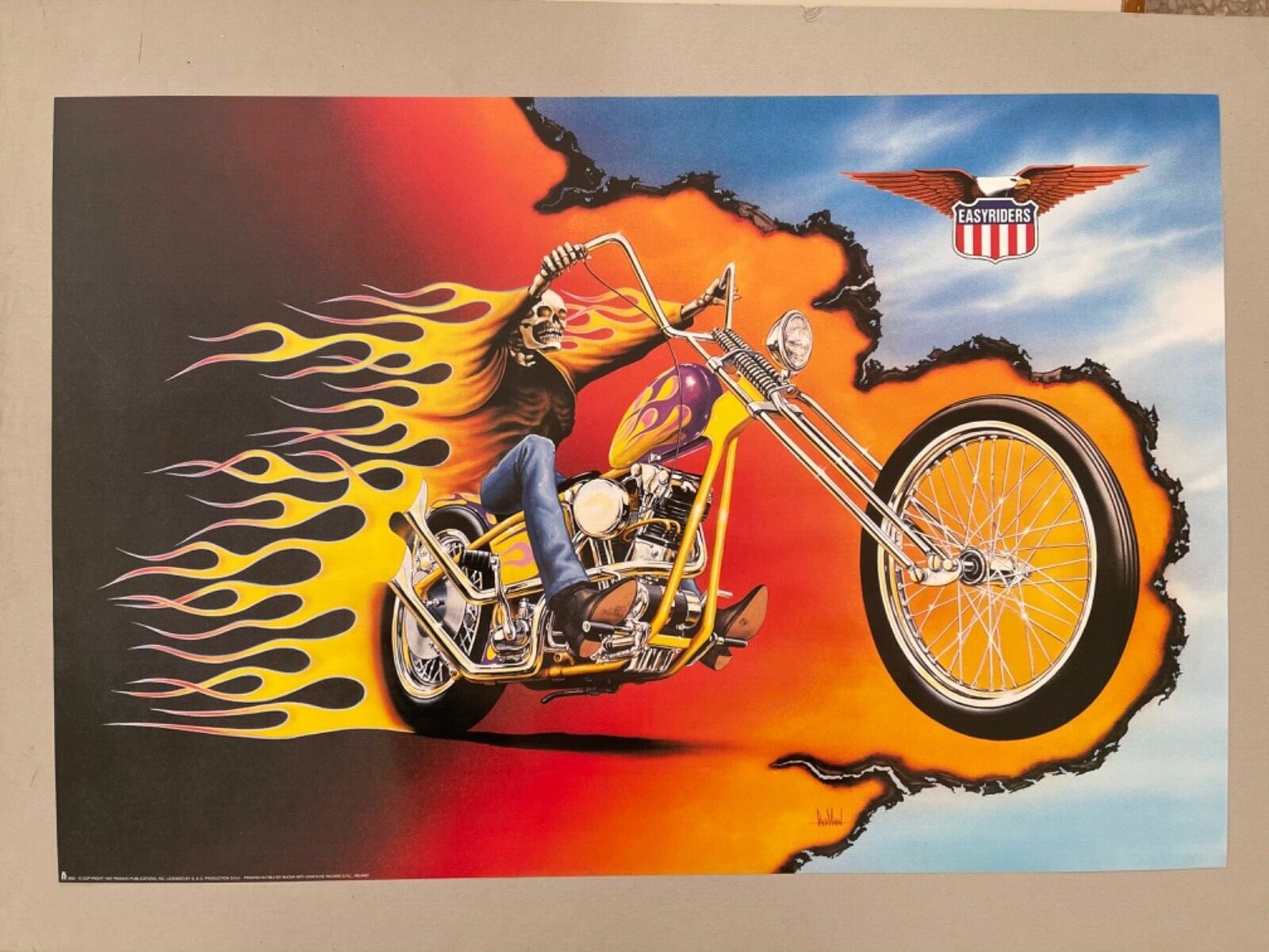 EASY RIDERS BY DAVID MANN, SKELETON  IN A CHOPPER,RARE LICENSED 1997  POSTER