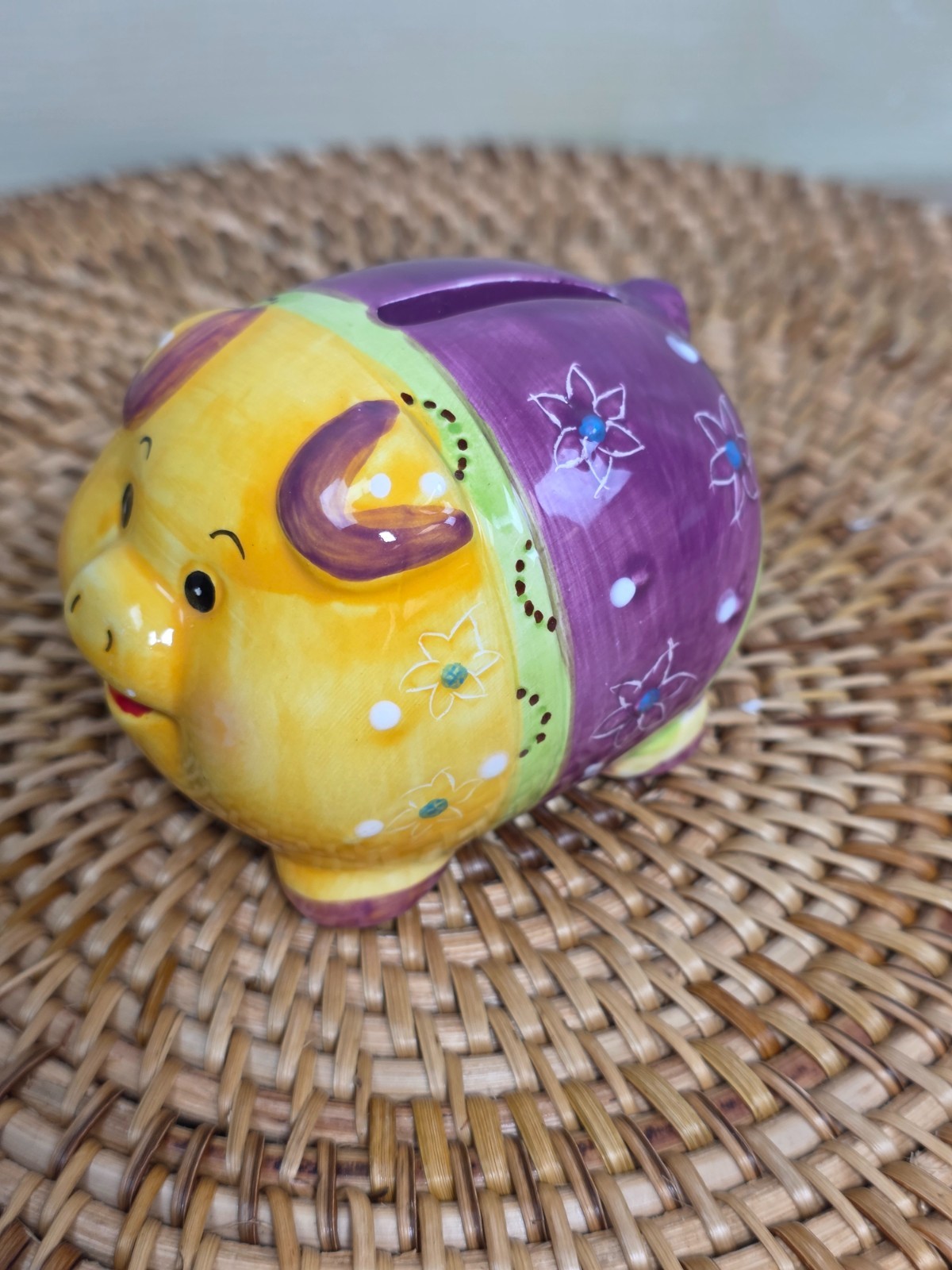 Vtg Ganz Bella Casa Susan Paley Piggy Bank Petunia Ceramic Purple Floral Mini