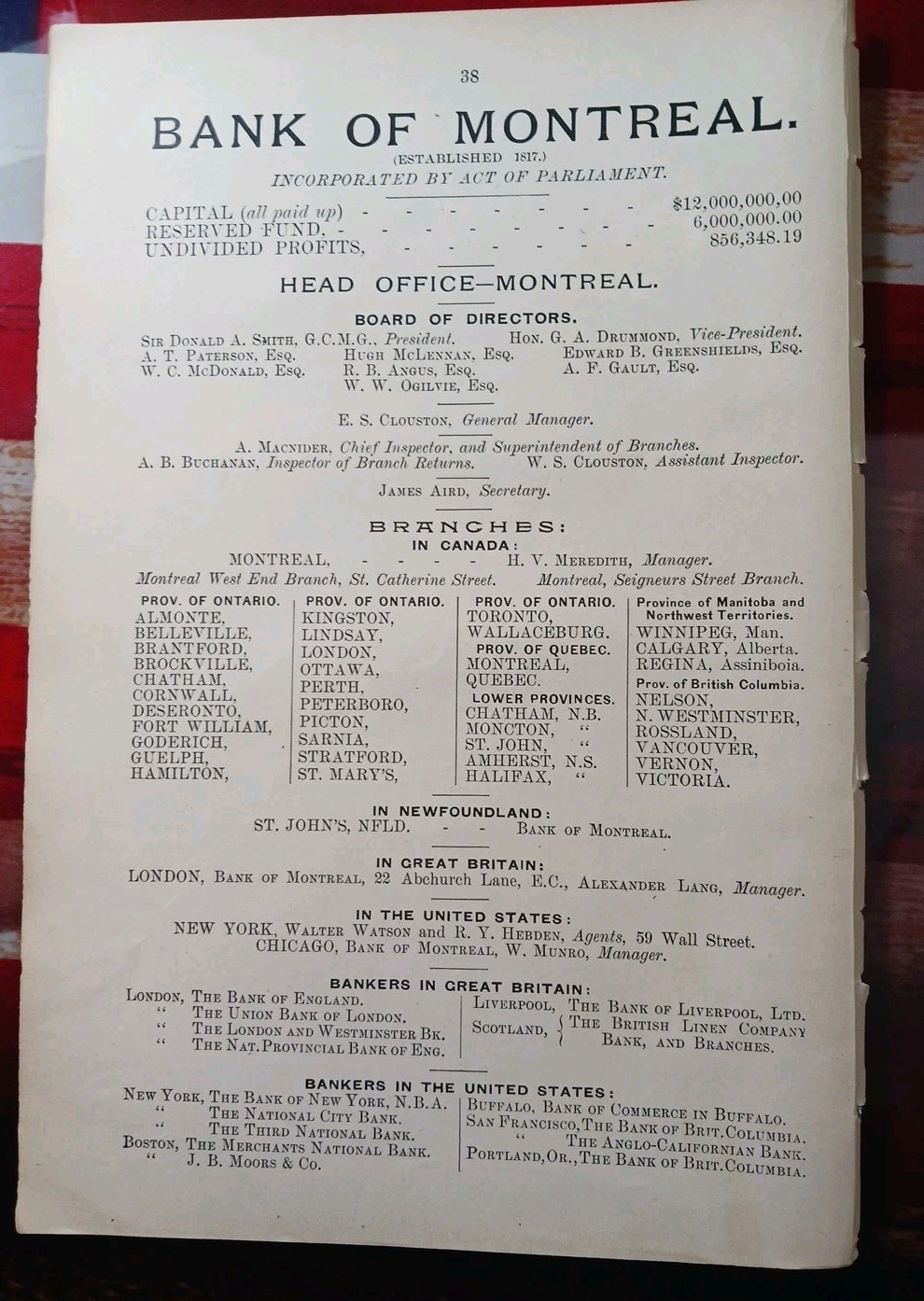 ~1896 Print Advertising BANK OF MONTREAL Sir Donald Smith President Branch List