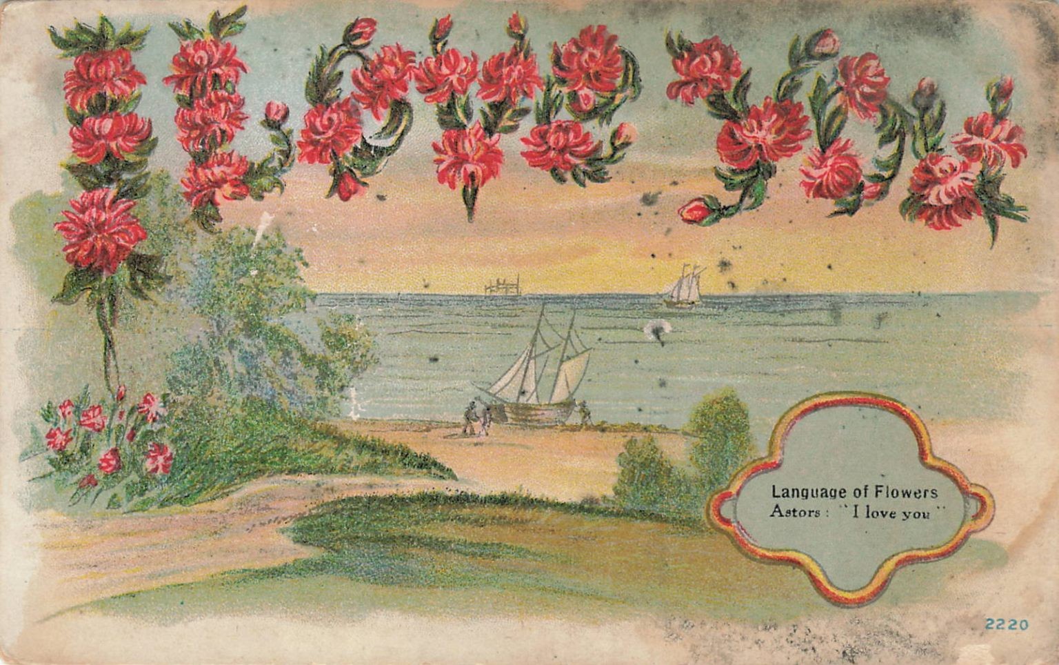 SEASON Floral Asters Language of Flowers Seascape Postcard c.1907-1915