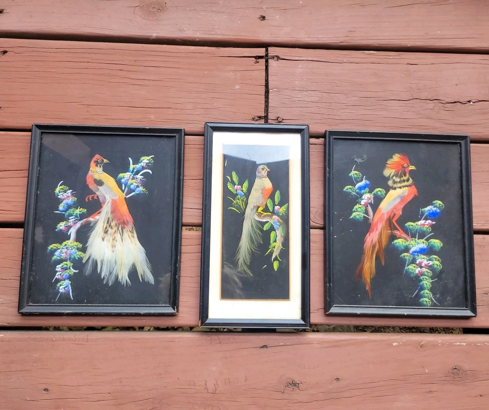 Lot Of 3 Vtg Mexican Feather Art Framed Folk Feathercraft Birds See Pics & READ