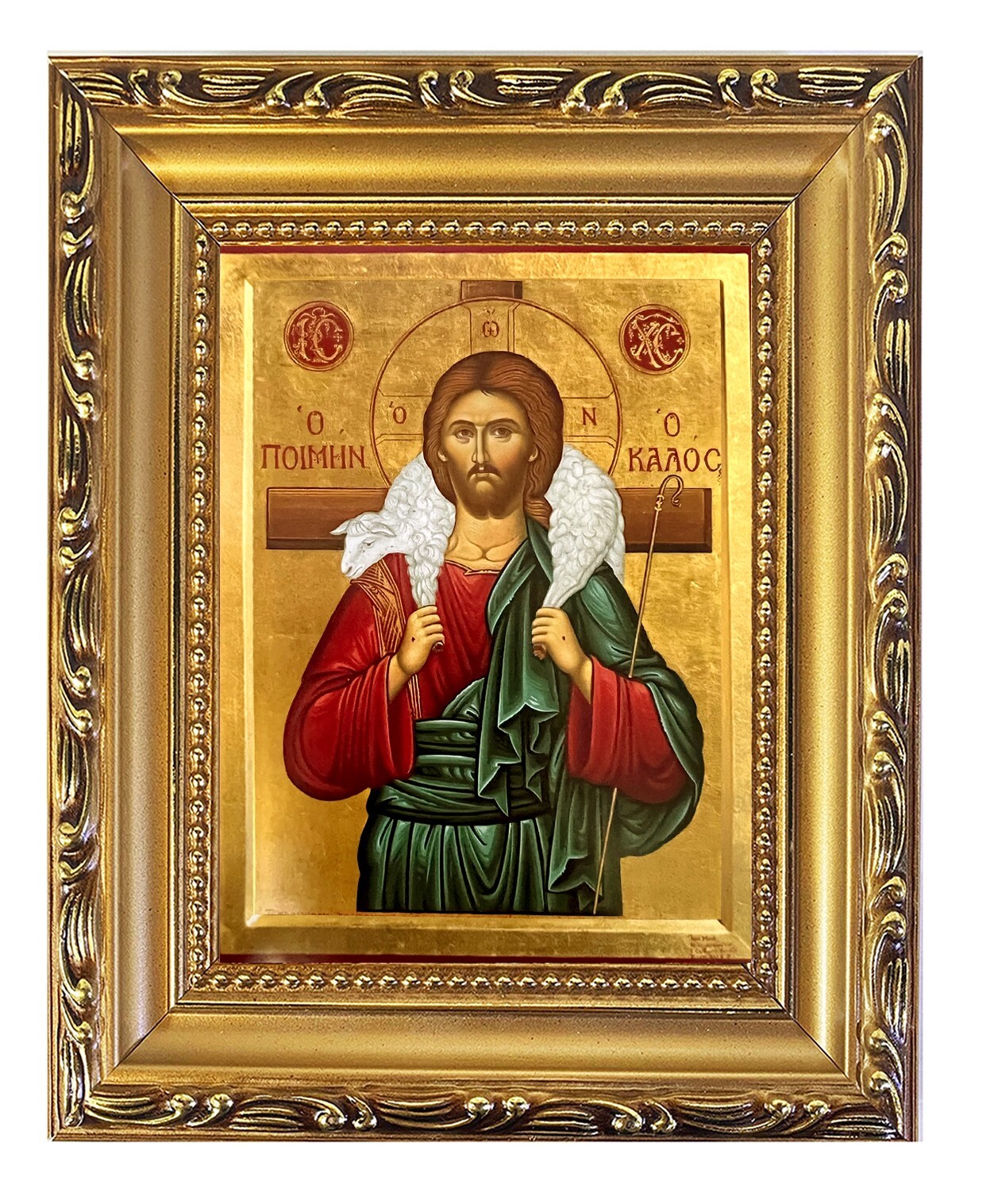 CHRIST, THE GOOD SHEPHERD Greek Icon Byzantine Gold Framed