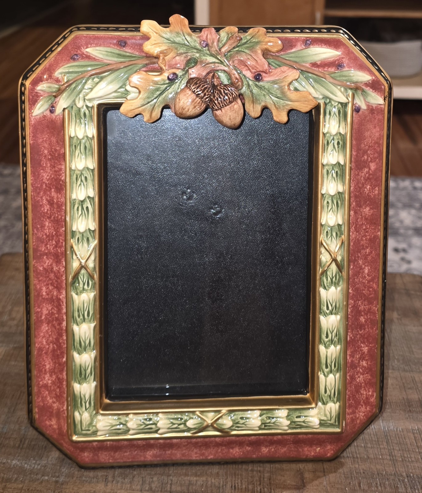 Vintage Fitz And Floyd Equestrian 5x7 Photo Frame Applied Leaves Acorns Retired 