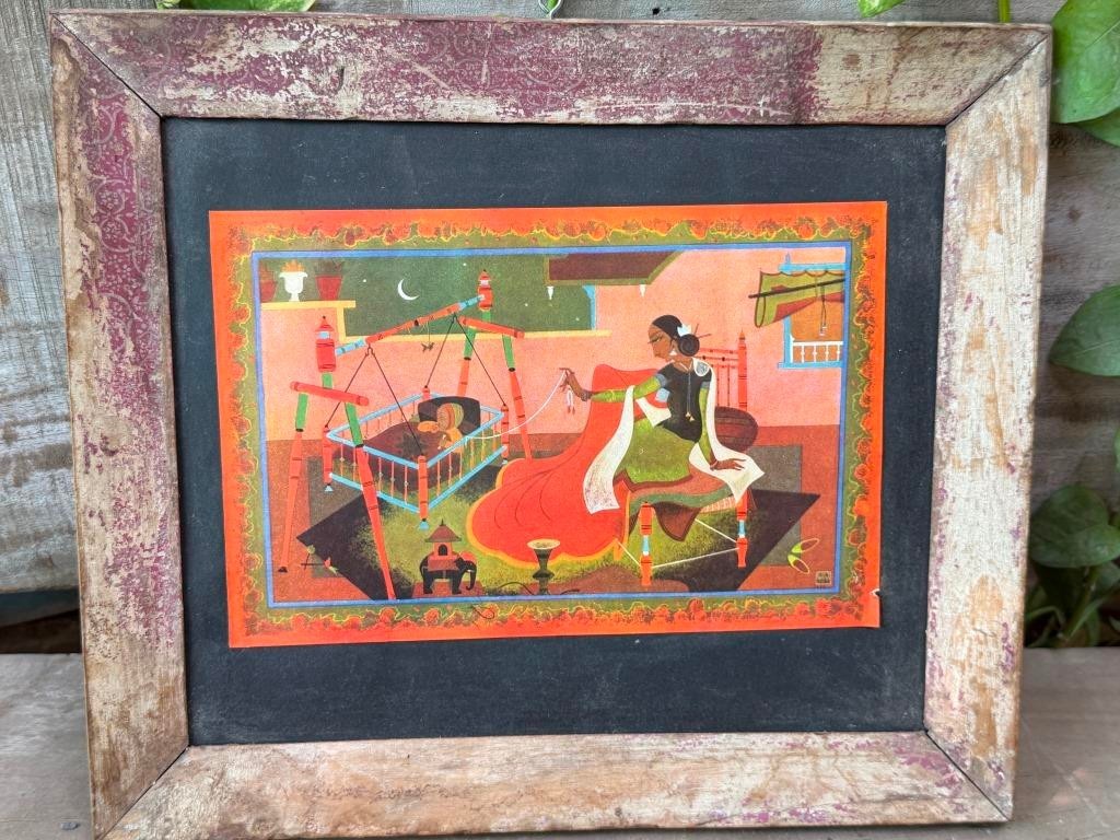 Vintage Indian Folk Art Painting Framed Print Rustic Wall Decor Collectible