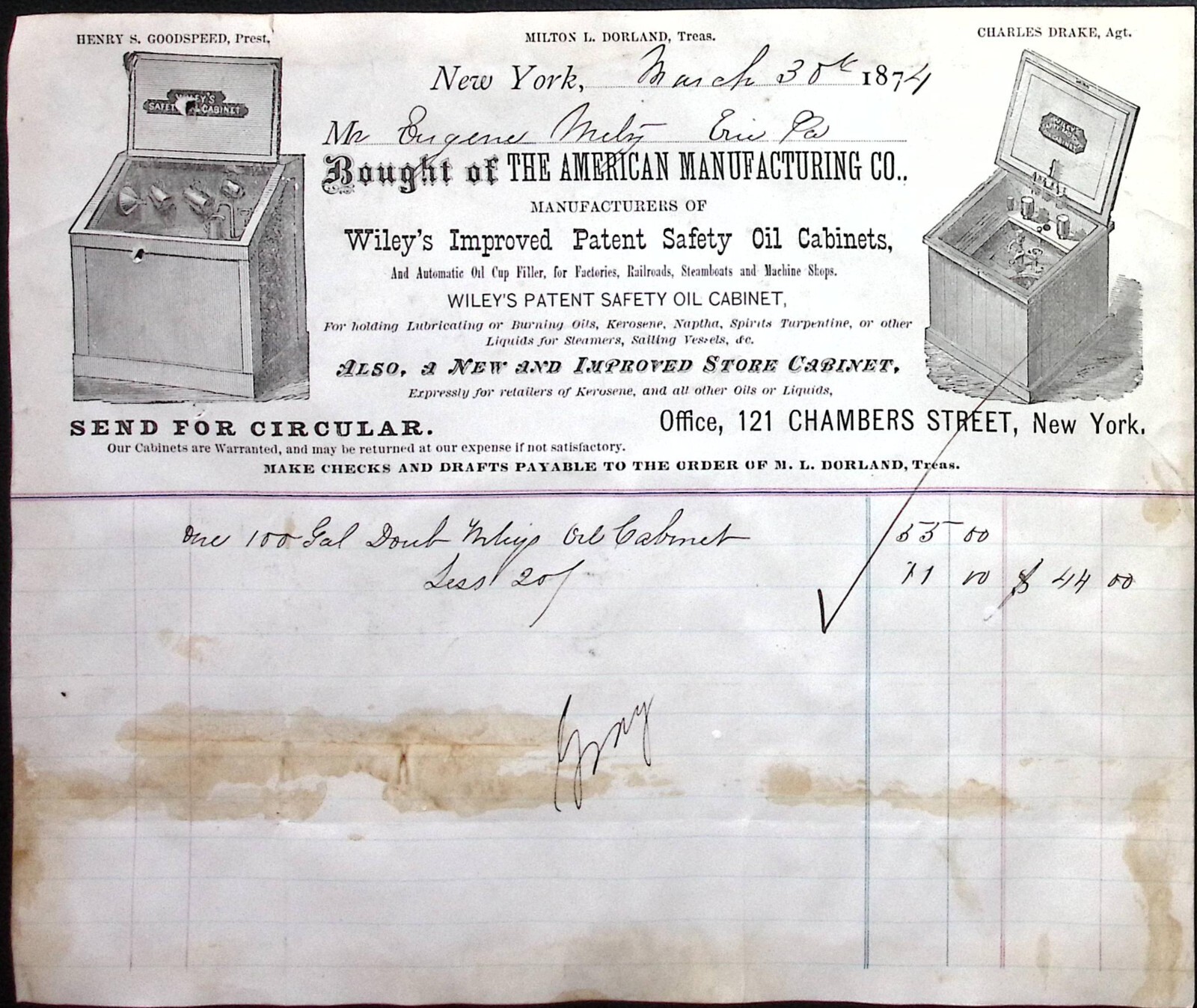 1874 American Mfg Co Wiley\'s Improved Patent Safety Oil Cabinets 7\