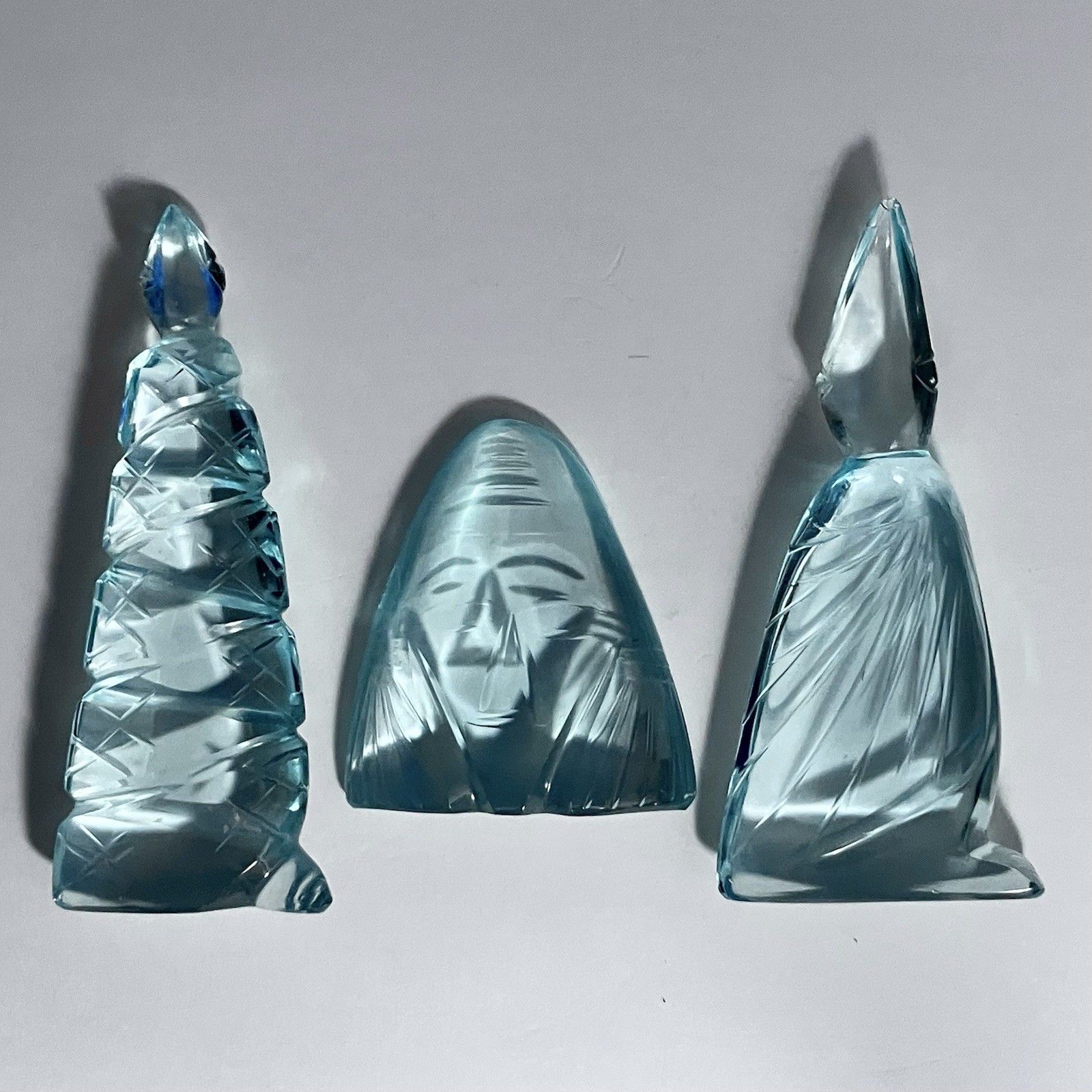 3 Carved AQUA GLASS Figurines / MESOAMERICAN STYLE / 2 Chips / Vintage MEXICO