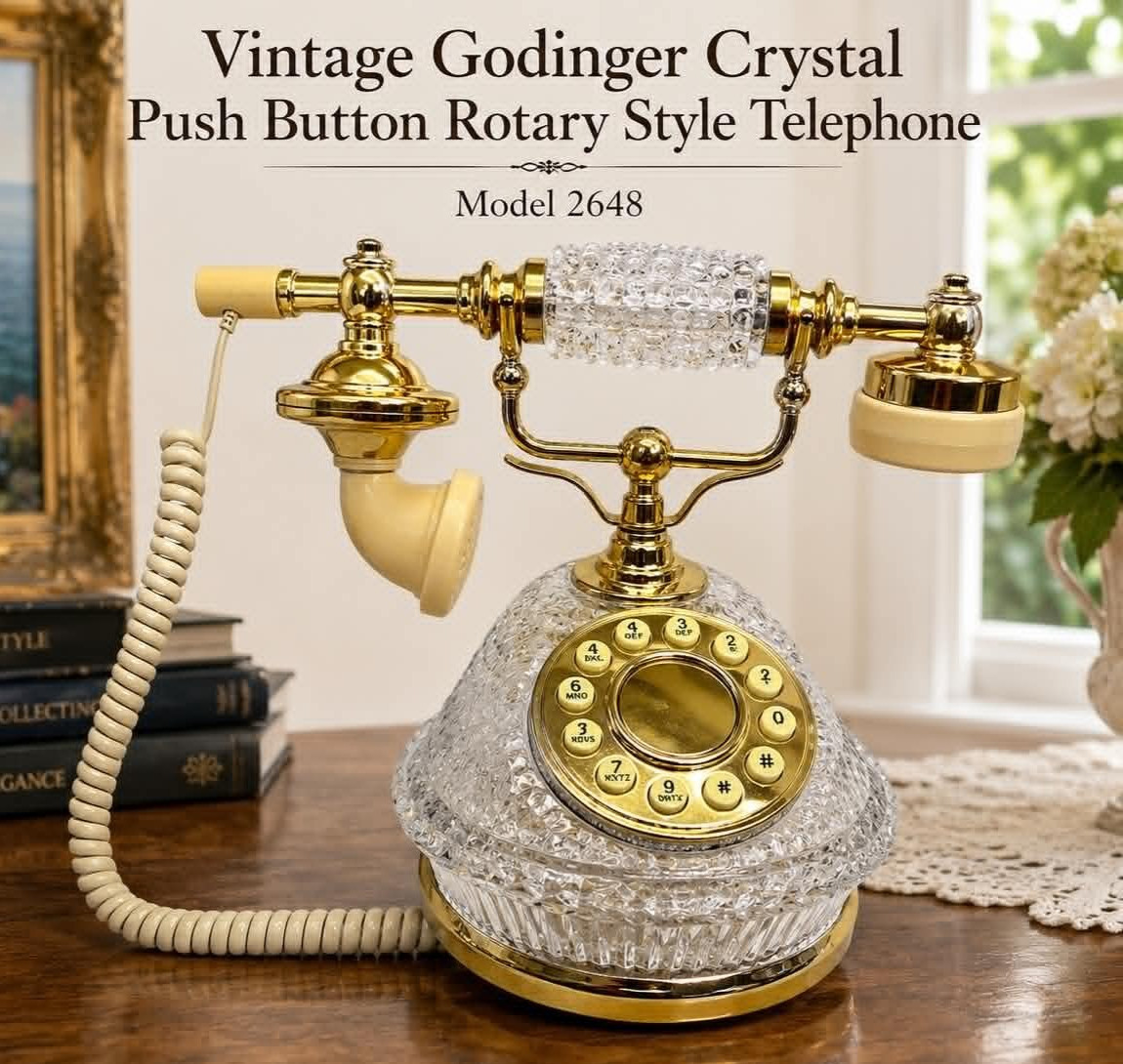 Vintage Godinger Crystal Push Button Rotary Style Telephone Gold Tone Model 2648
