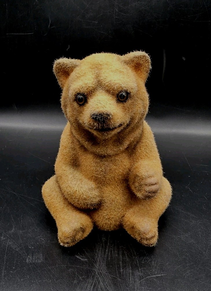 Vintage Fuzzy Flocked Sitting Honey Brown Bear Bank 6¾