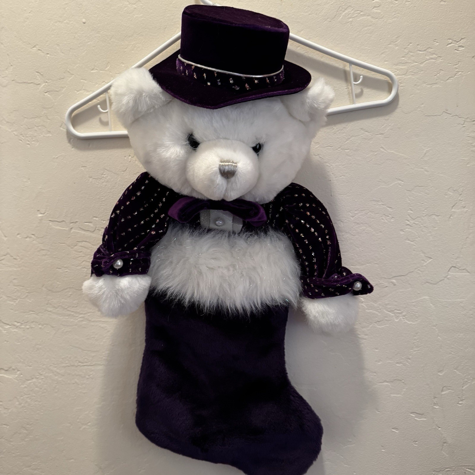 Vtg Dan Dee Collectors Choice Plush Boy White Bear 3D Christmas Stocking Purple