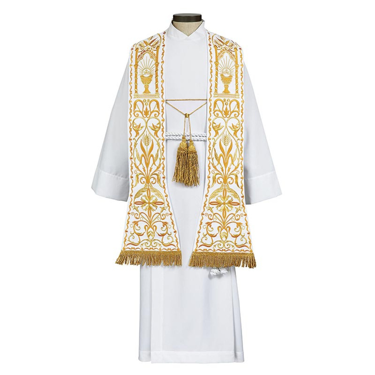 Overlay Stole Roman Style Two Tone Fully Embroidery 10 Inch x 98 Inch Off White