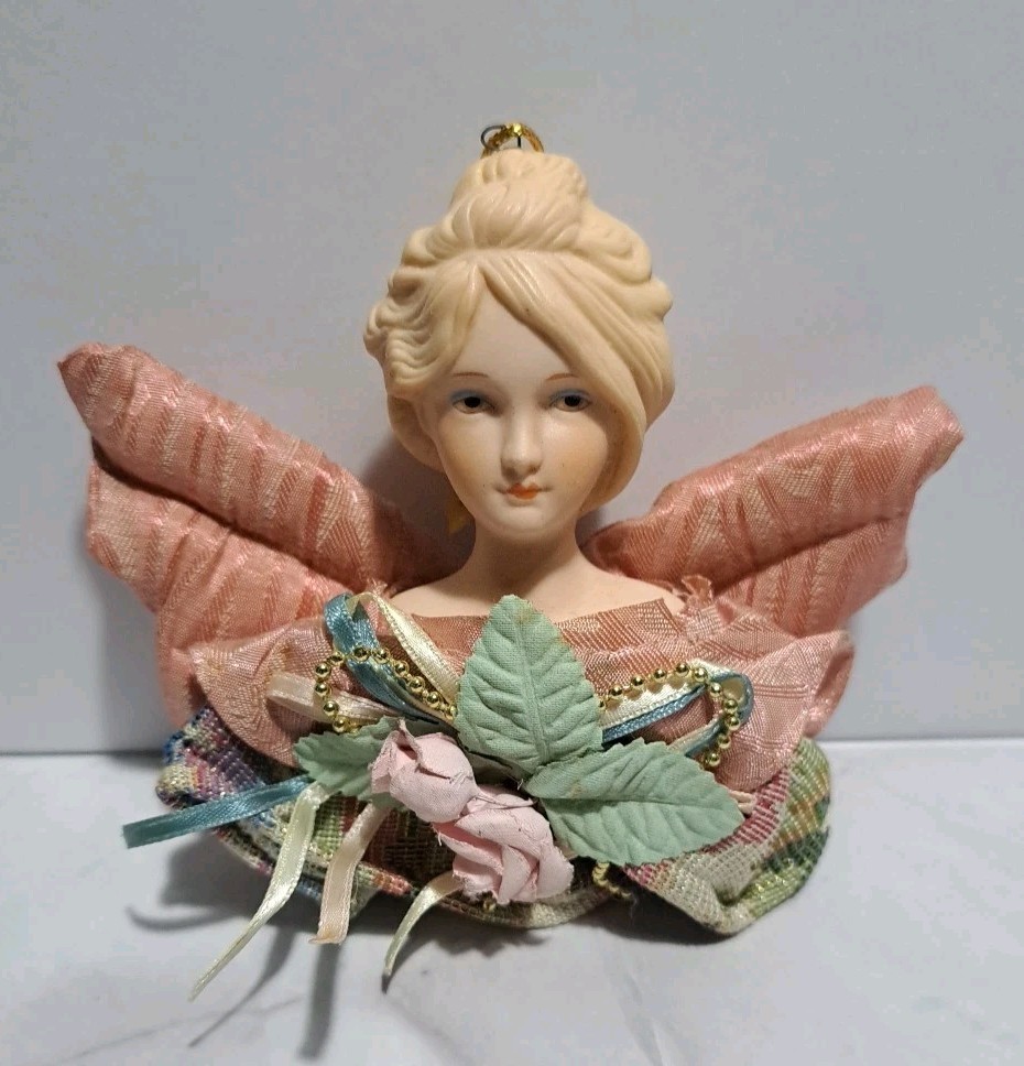 Vintage Victorian Style Bisque Angel Head/ Bust Ornament Fabric Wings