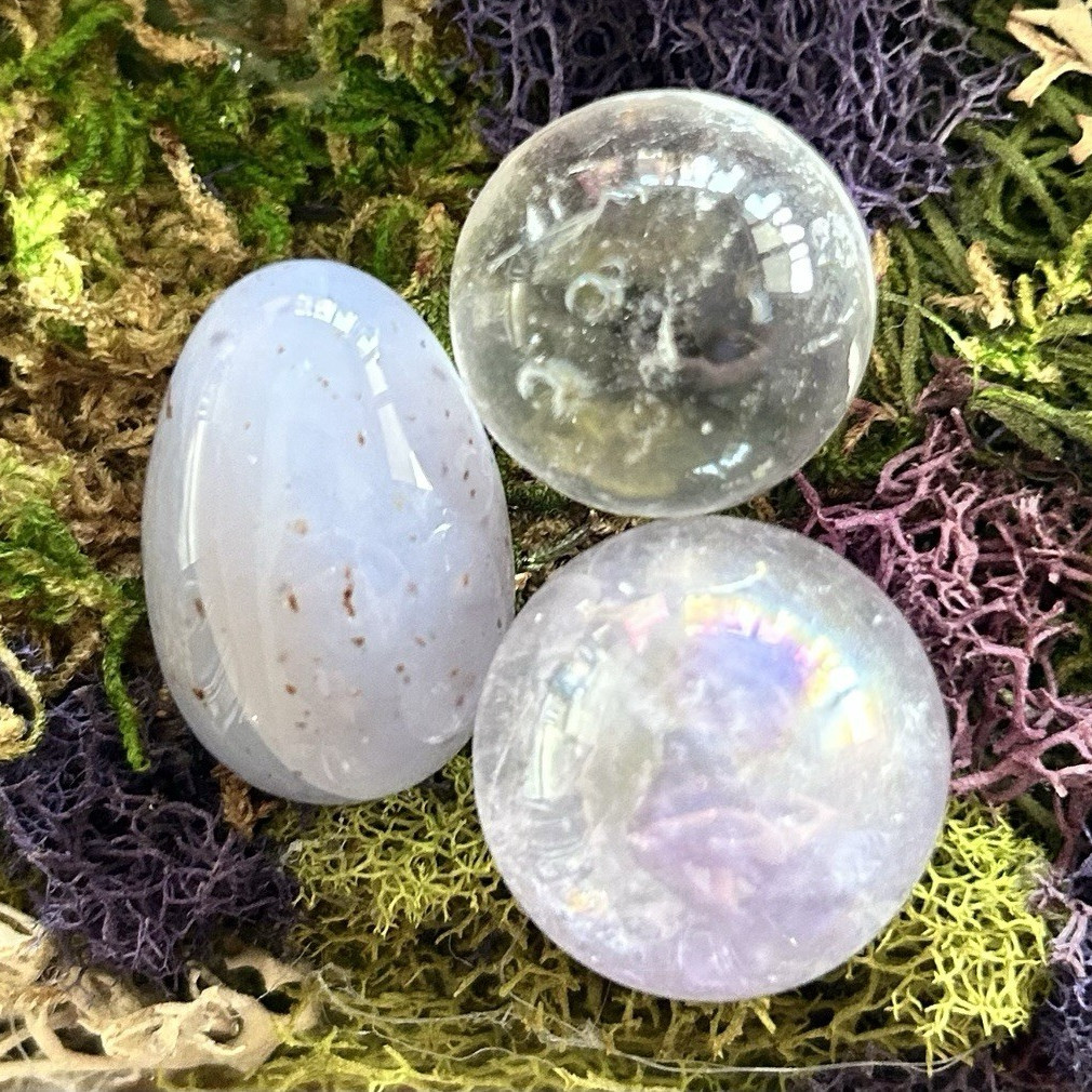 3pc Polished Crystal Set- Opalite sphere, clear quartz sphere, and blue lace