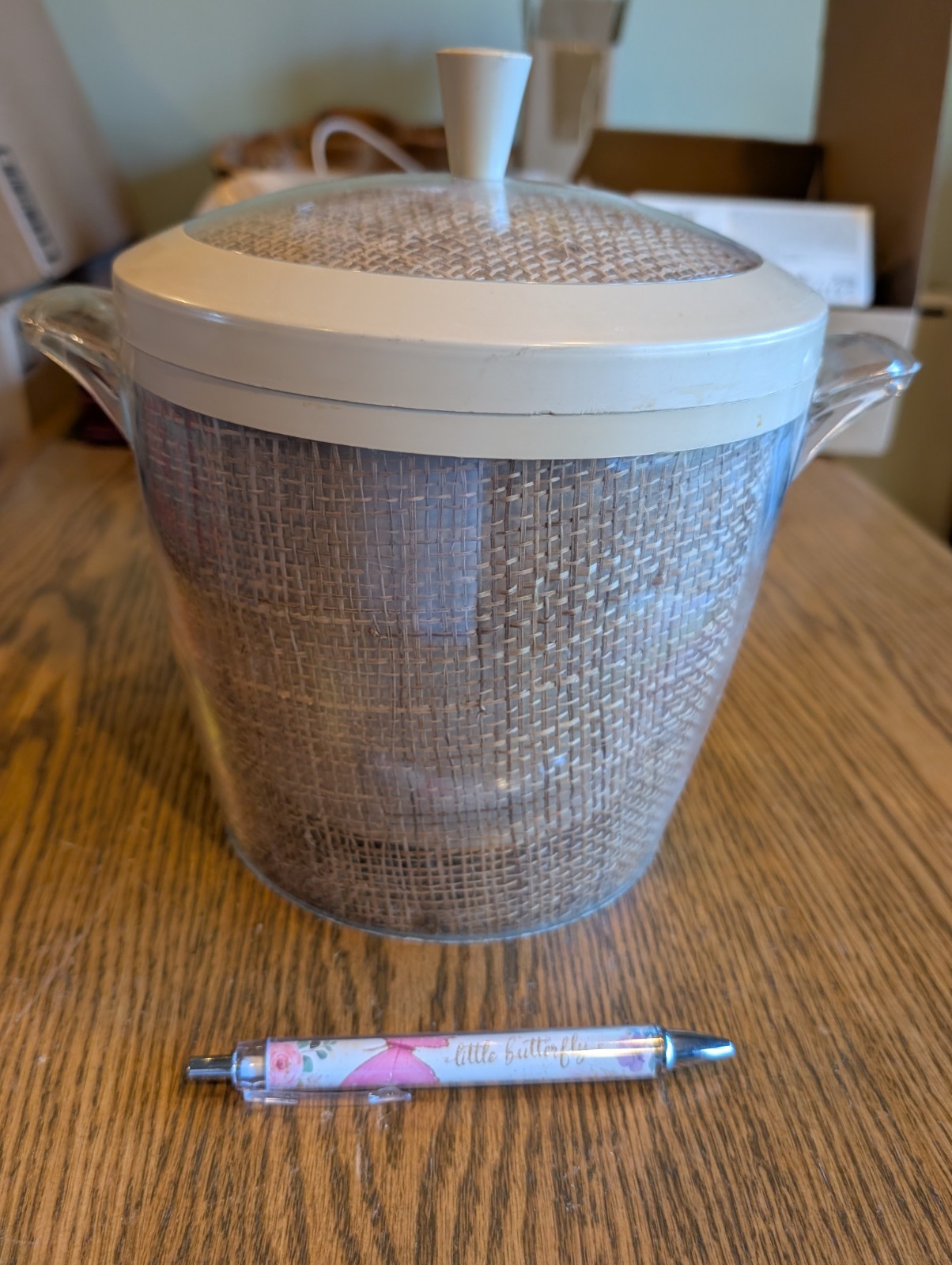 Vintage MCM Raffia Ware Plastic Rattan Ice Bucket Insulated Burlap Beige Tiki