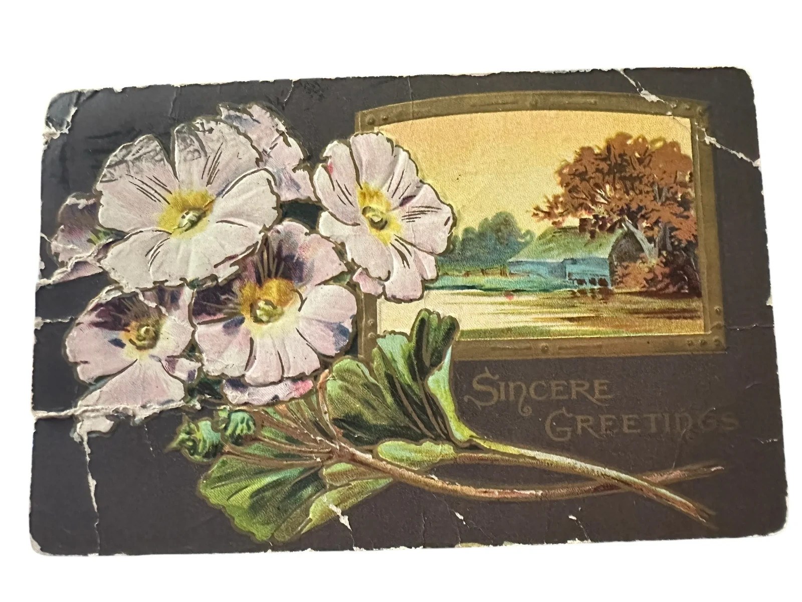 Sincere Greetings, Purple Flowers, Country Scene, Vintage Embossed Postcard