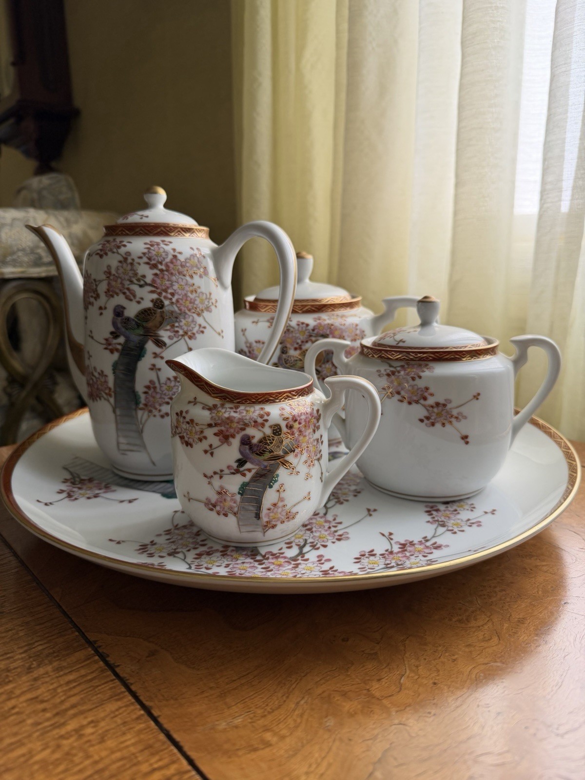 Rare 5-Pc Vintage Koshida Japanese Porcelain Tea Set w/Cherry Blossom Tray