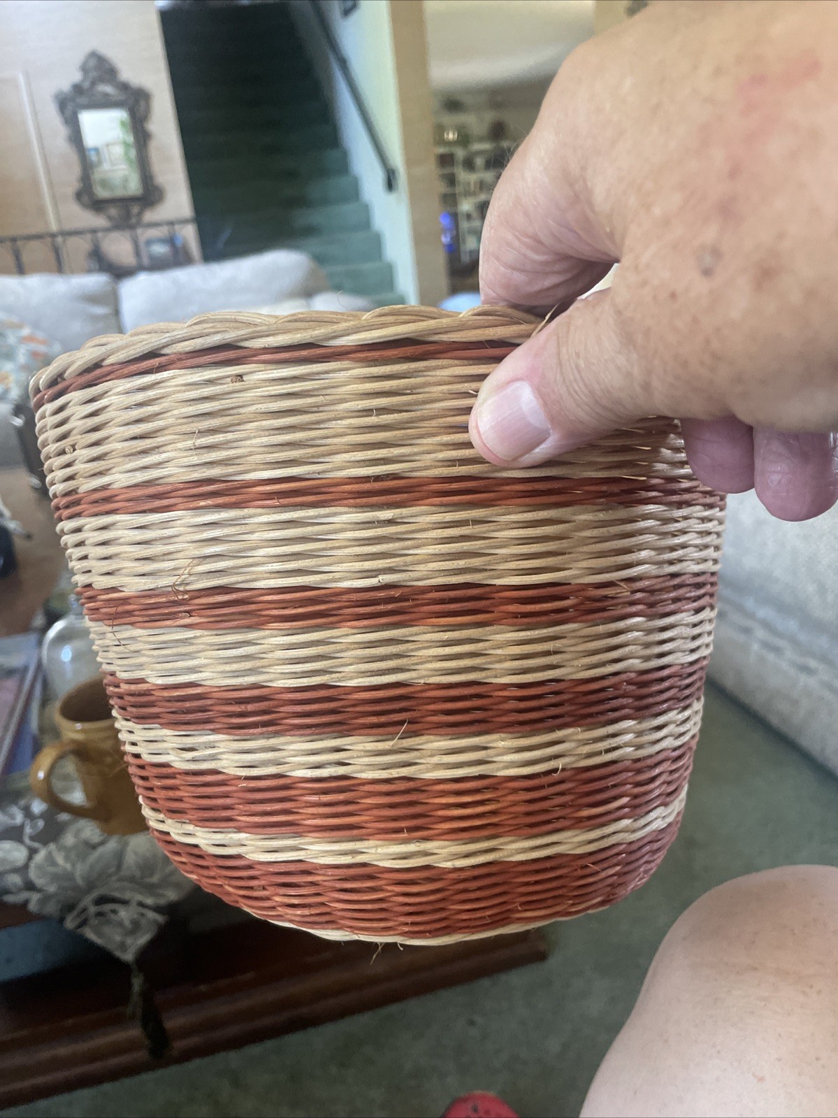 Vintage Hand-Woven Reed Weave Round Basket 9 X 7 Inchesl Natural Dyes Vintage Hand-Woven Reed Weave Round Basket 9 X 7 Inchesl Natural Dyes