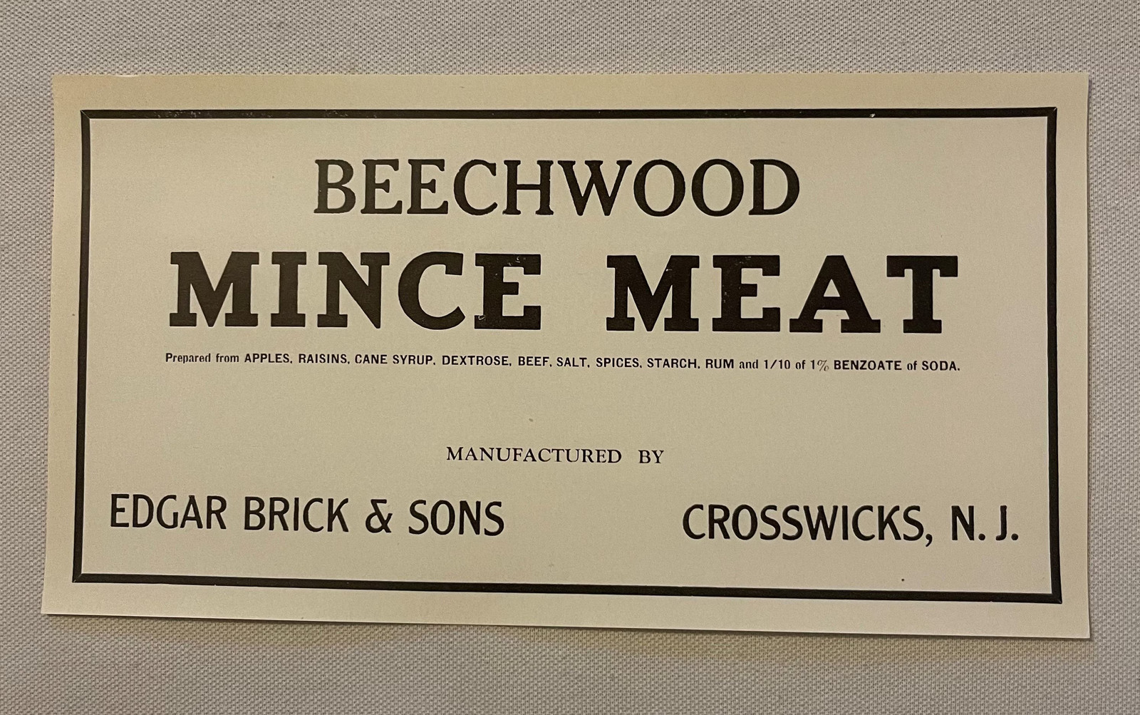 Antique Beechwood Mince Meat Label LARGE VERSION Crosswicks NJ Rum NOS