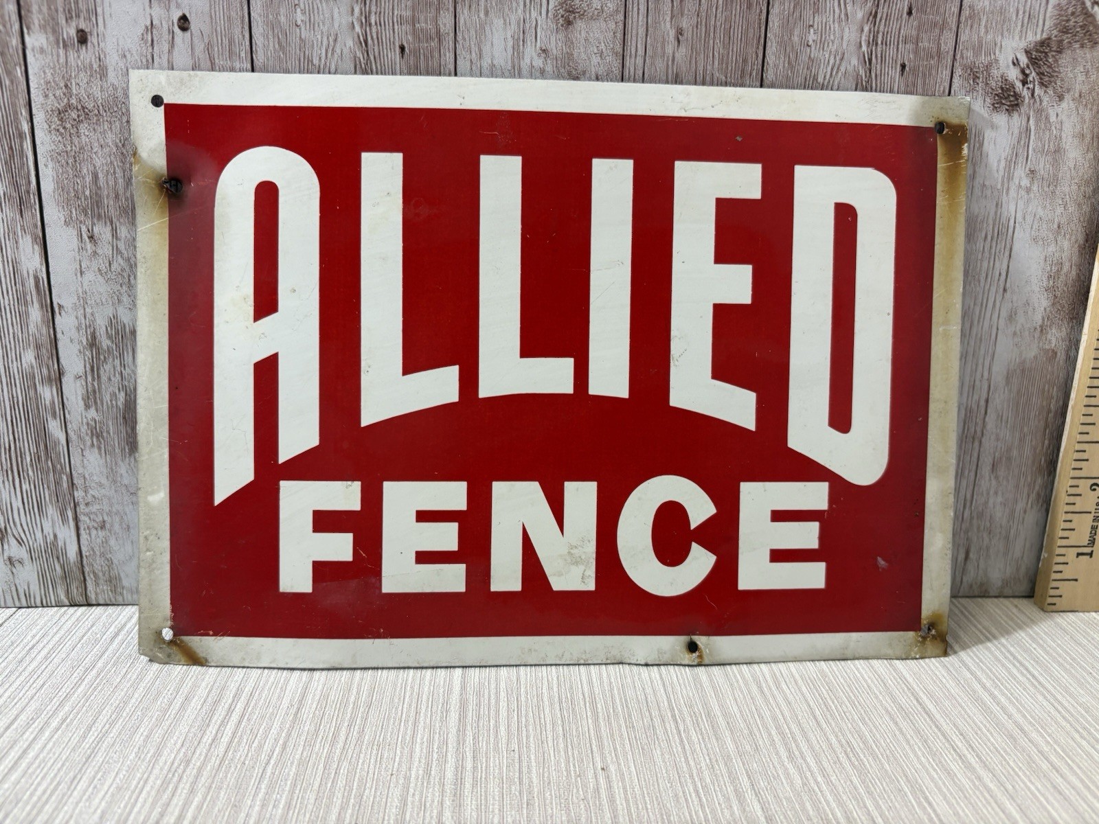 Vintage Allied Fence Metal Advertising Sign Red White 10x7 Industrial Decor
