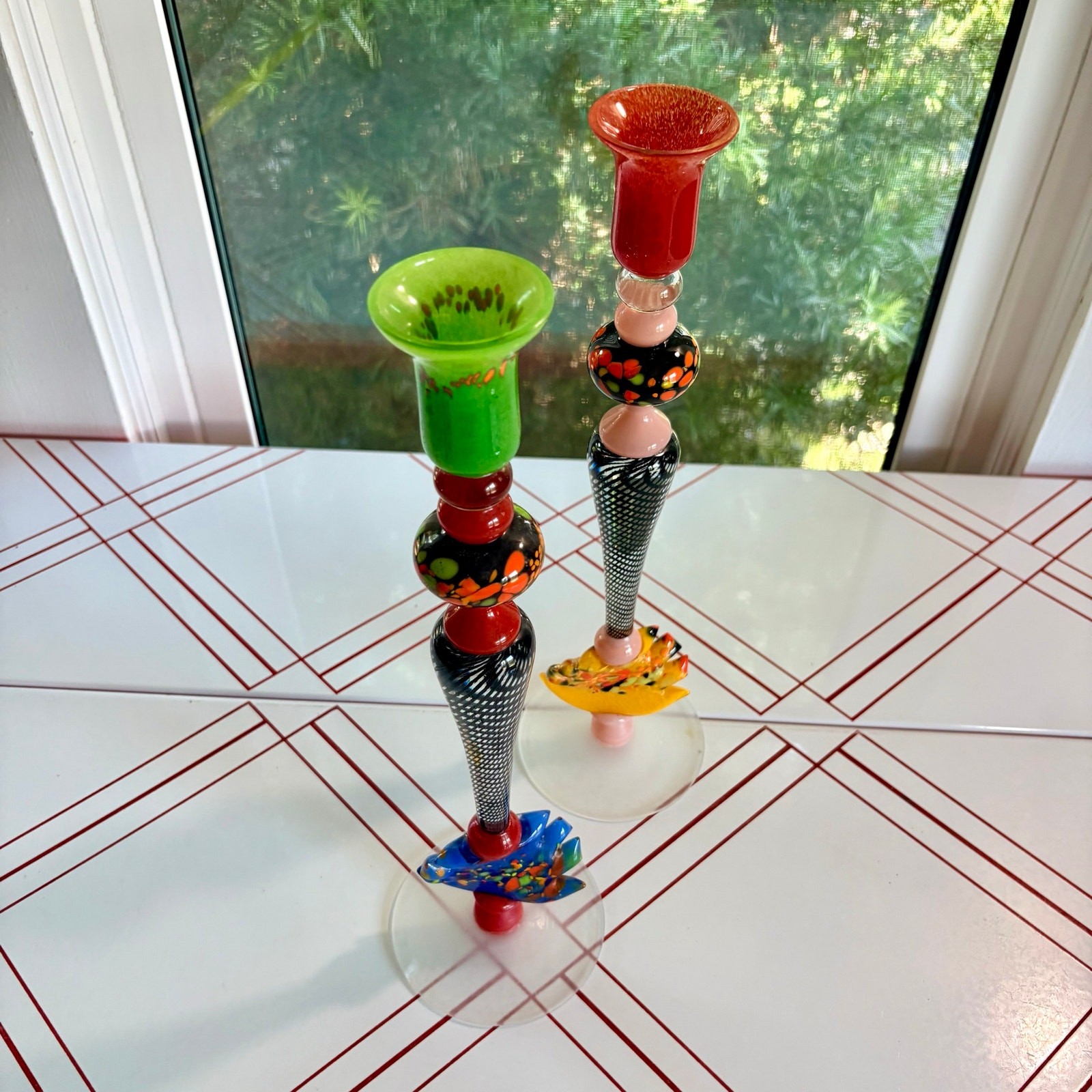 Signed Ioan Nemtoi Art Glass set of 2 Candlesticks Pair Colorful Studio Glass