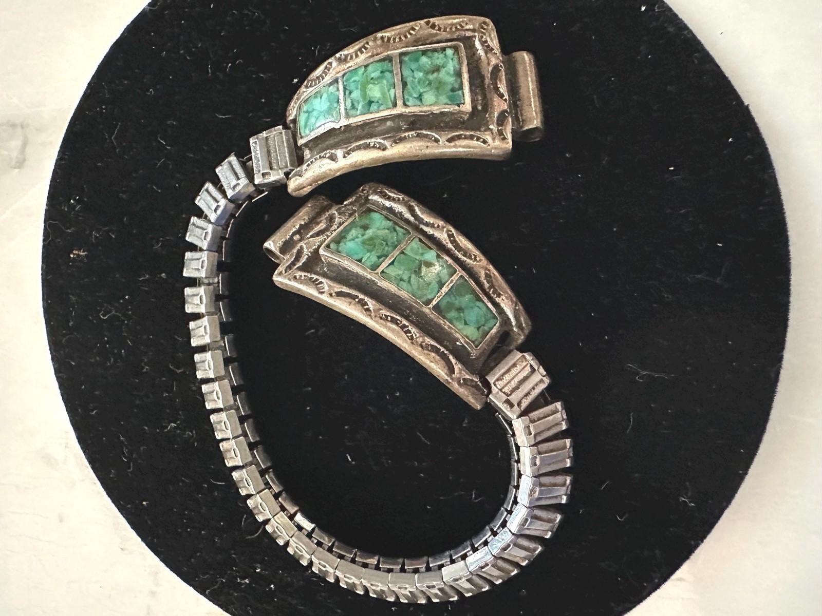 Vtg Native American Sterling Silver Turquoise Inlay Watch Tips Speidel Band