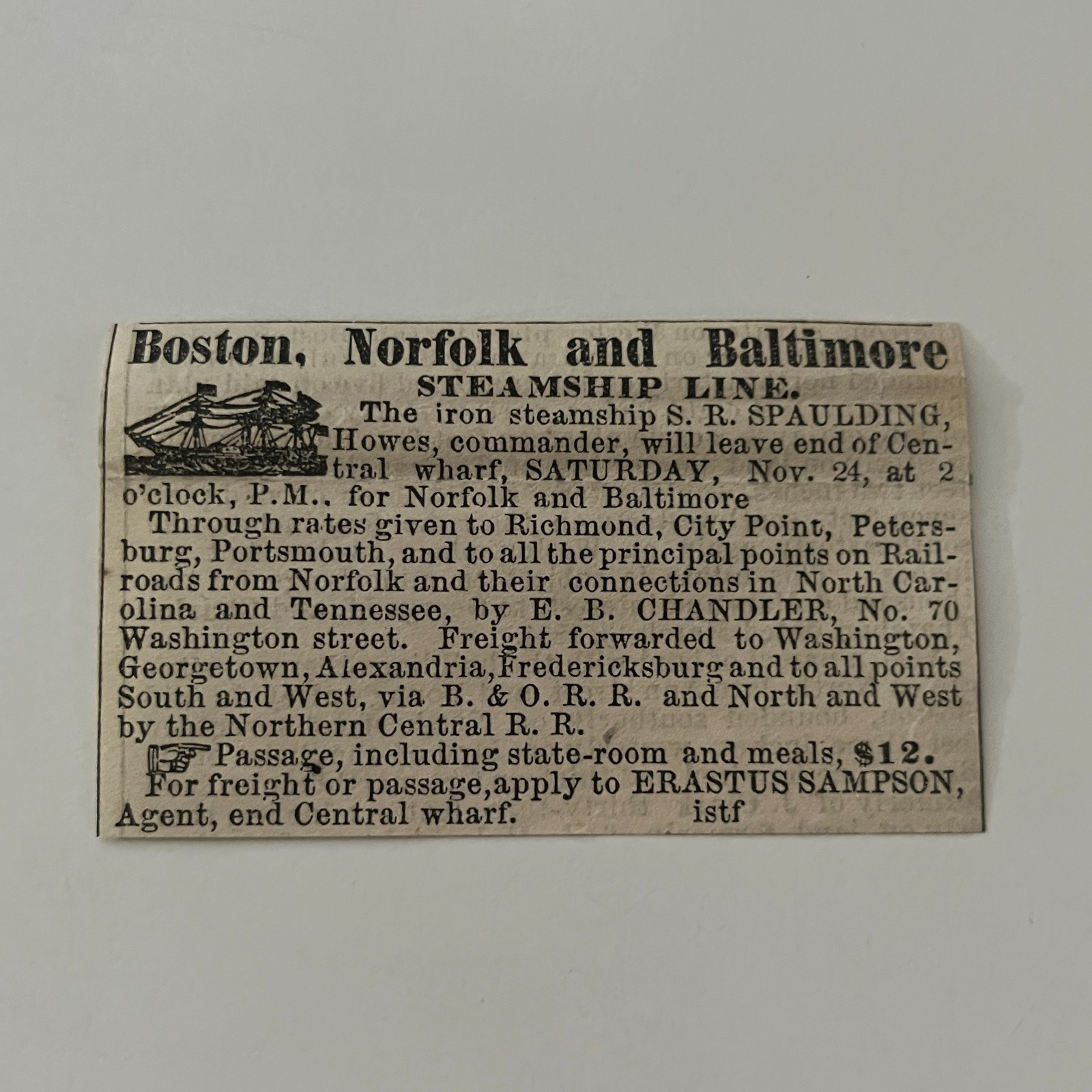 Erastus Sampson Boston Norfolk Steamship Line 1860 Boston Clipping TAJ7-S50