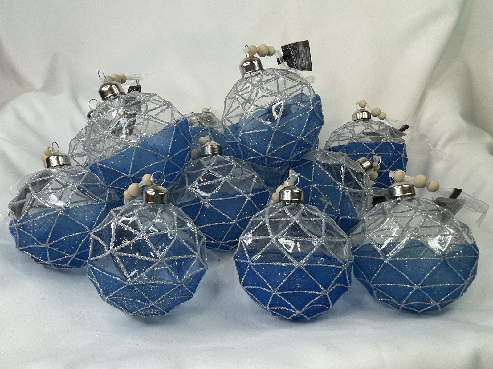 12 Blue & Clear Blown Molded Glass Glittered 3” Christmas Ornaments