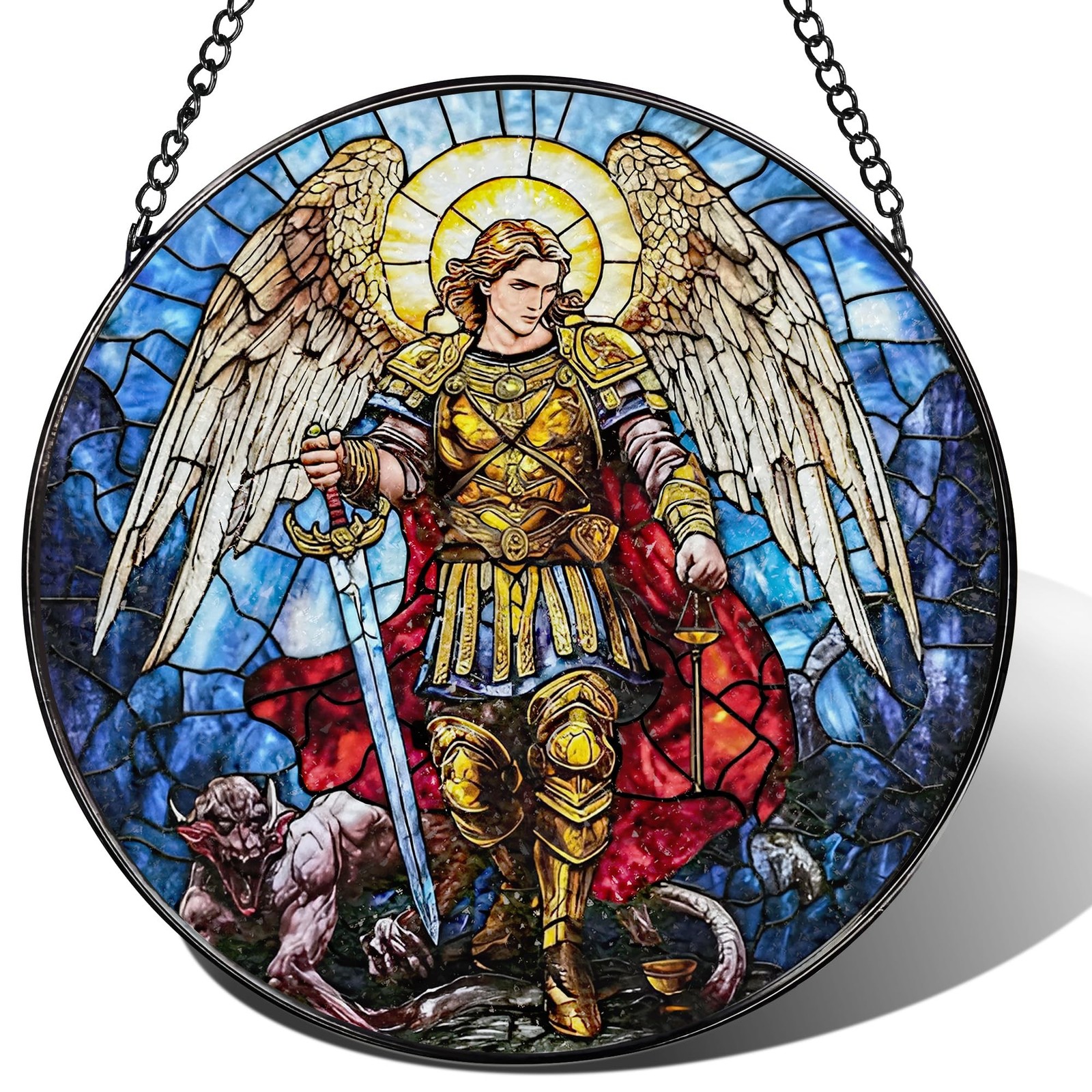 Stained Glass Suncatcher, Archangel Michael Sun Catcher Ornament; Stained Gla...