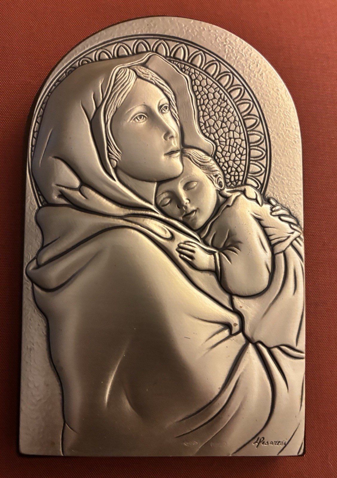 Vintage 925 Sterling Silver Madonna & Child Plaque Signed L. Pesaresi Italy 4.5 Vintage 925 Sterling Silver Madonna & Child Plaque Signed L. Pesaresi Italy 4.5
