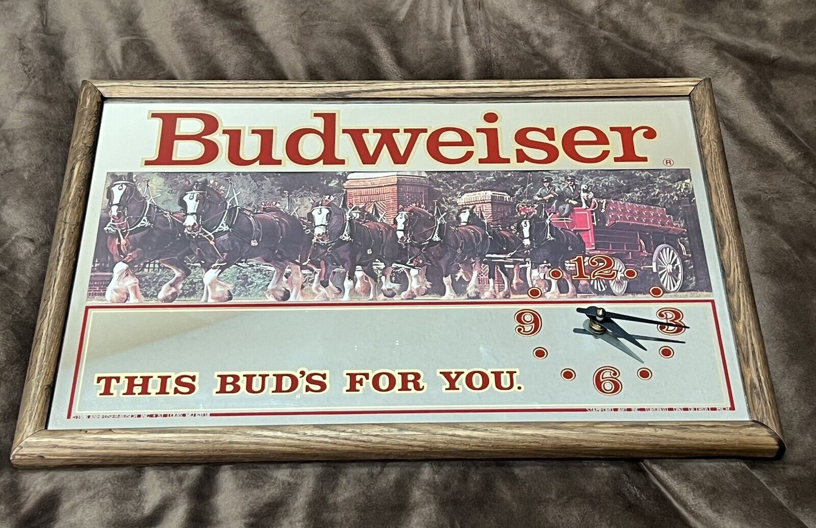 Budweiser Beer Clock Mirror vintage 80's Clydesdales 19x13 This Bud's for you