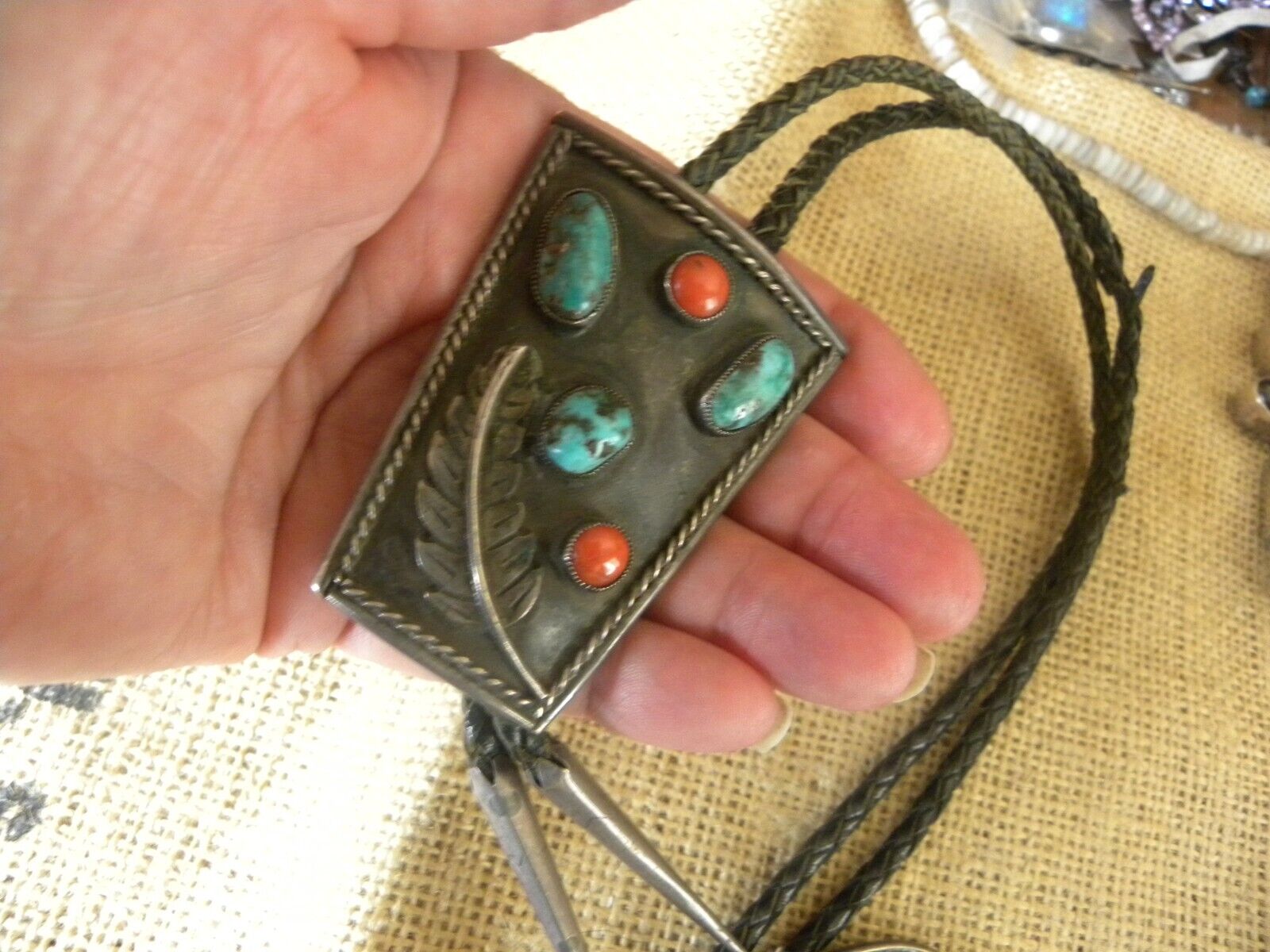 OLDER VINTAGE NATIVE AMERICAN MADE STERLING SILVER, TURQUOISE, & CORAL BOLO TIE