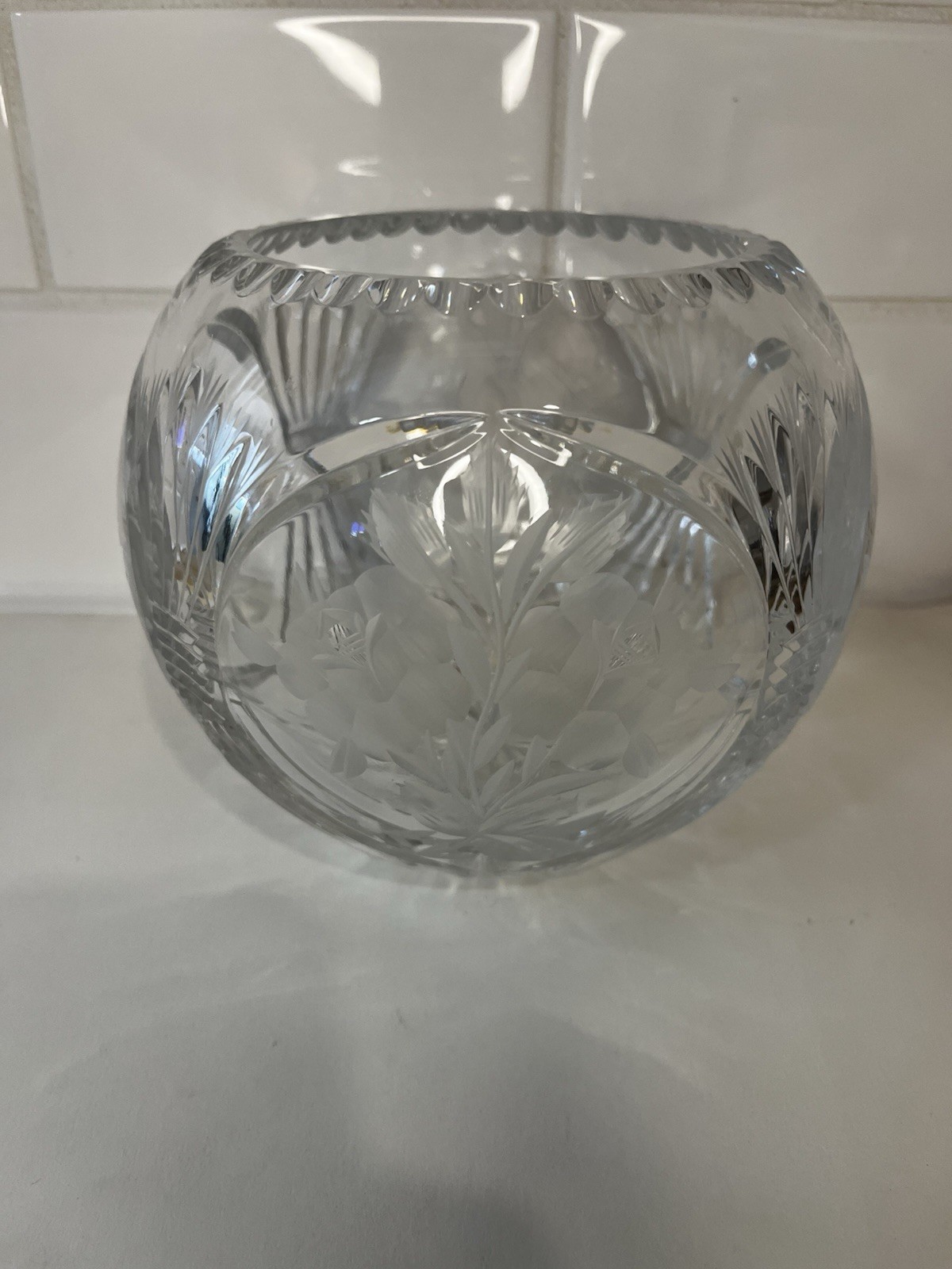 Vintage Hand Cut Lead Crystal Rose Bowl Vase Etched Frosted Flowers 5.5\