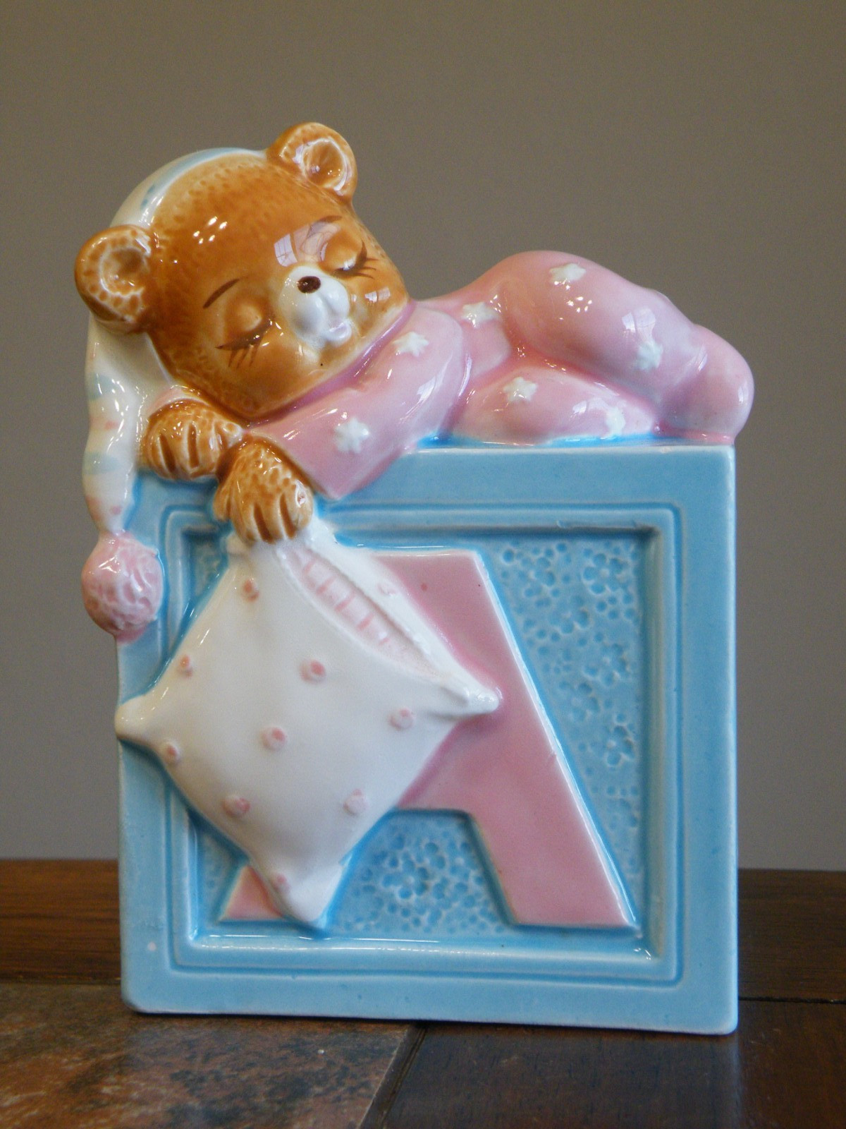 Vintage 1984 Lefton Sleepy Teddy Bear Baby Alphabet Block Planter - 