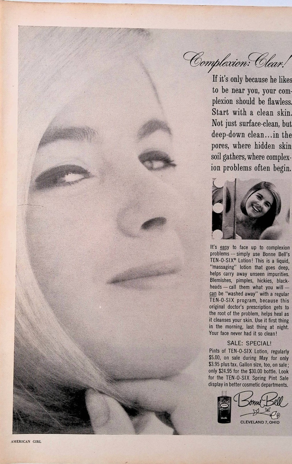 1964 Bonne Bell Ten O Six Complexion Vintage Skin Care Print Ad America Girl May