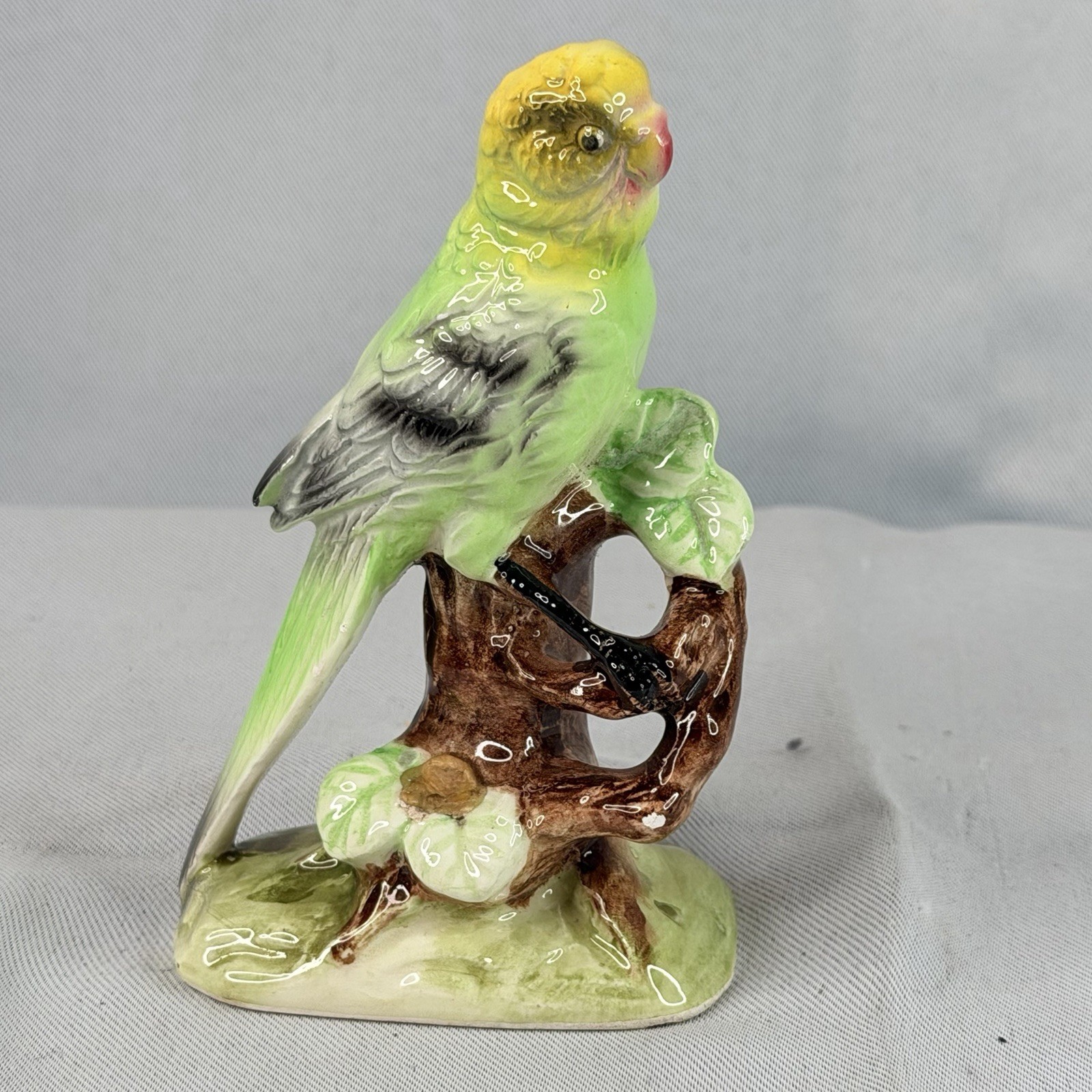 Vintage Porcelain Parakeet Budgie Bird Figurine Green Yellow Tree Branch Perch