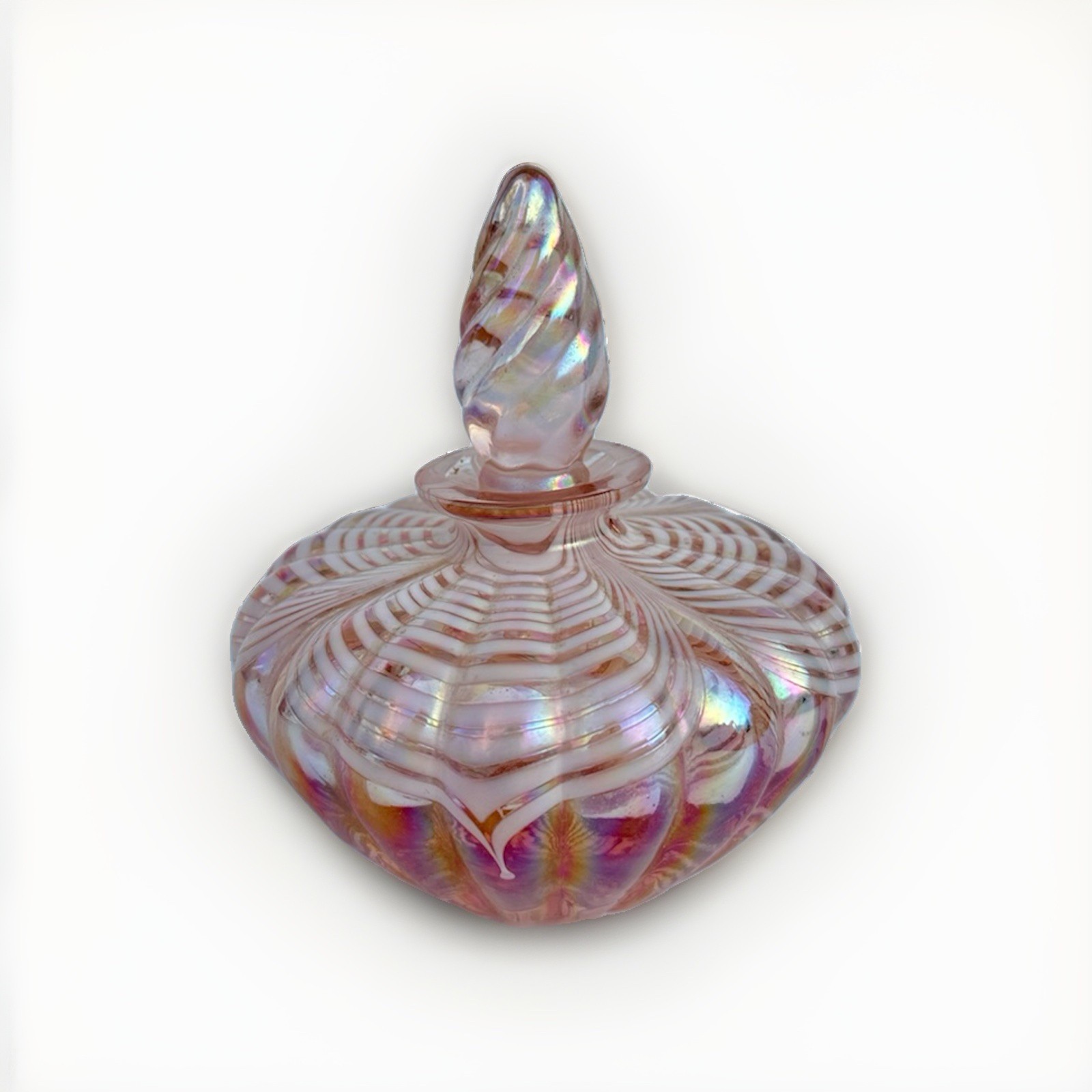 Vintage Pink Iridescent Art Glass Perfume Bottle with Stopper Swirl Design