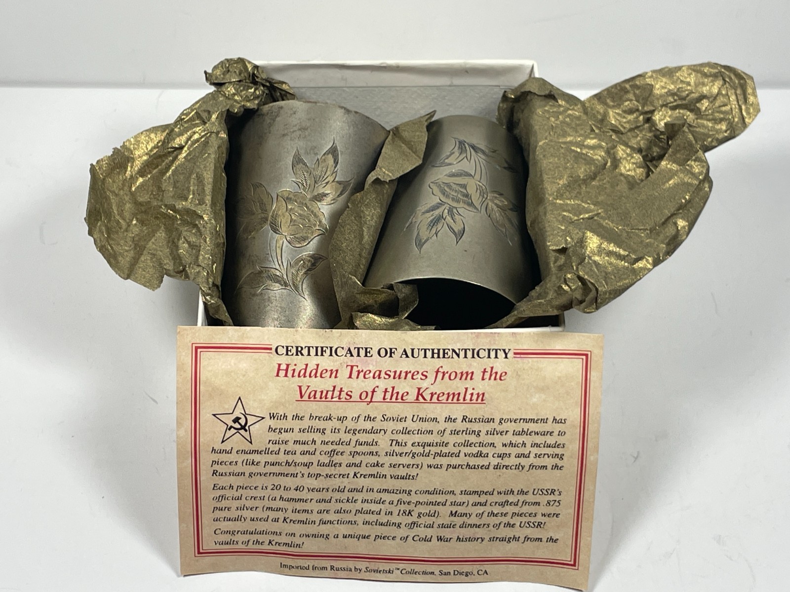 Hidden Treasures From The Kremlin Vault USSR Pair Silver Shot Glasses
