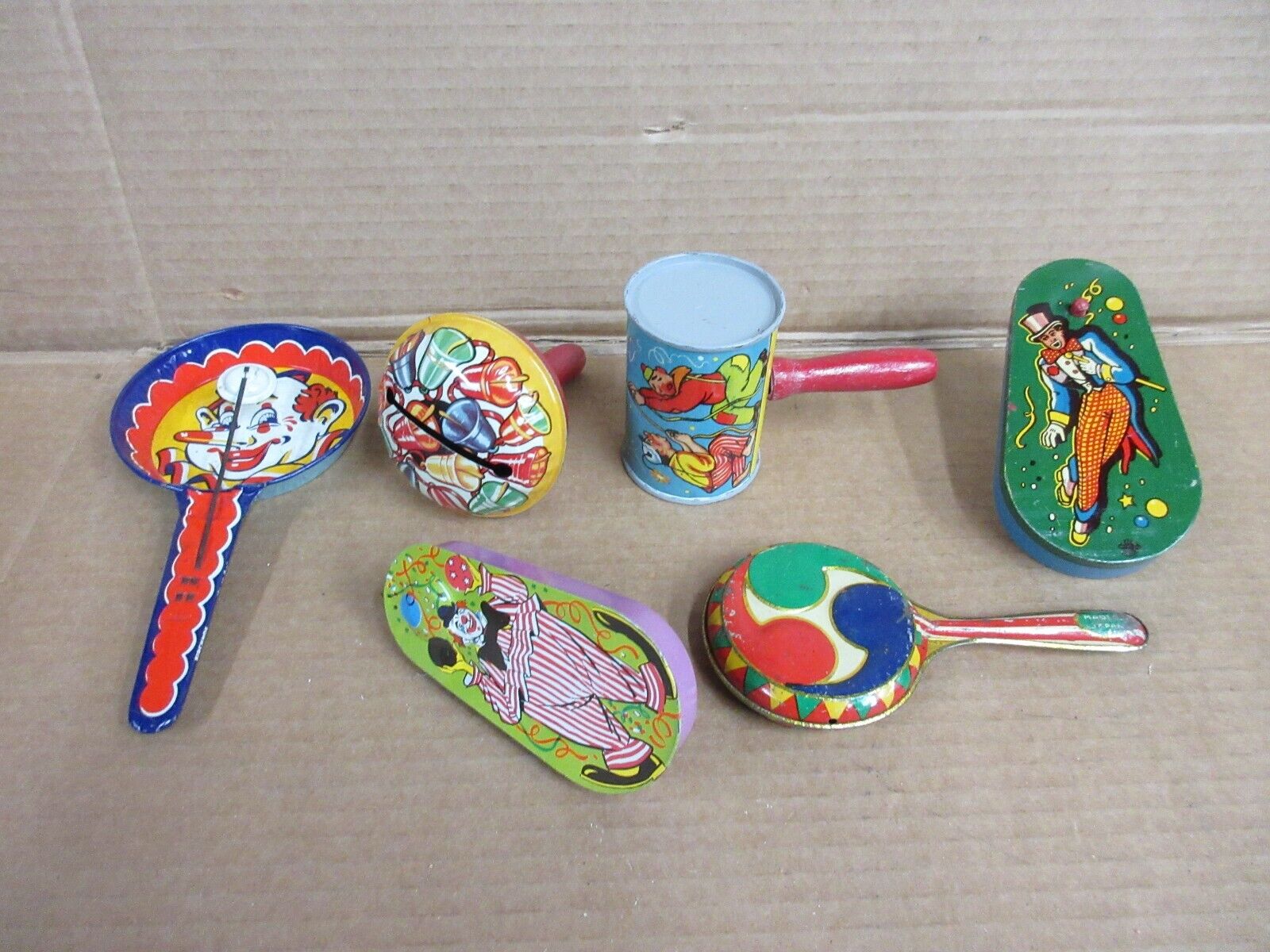 Lot of 6 Vintage Tin Litho Mixed Noise Makers 1950s    A