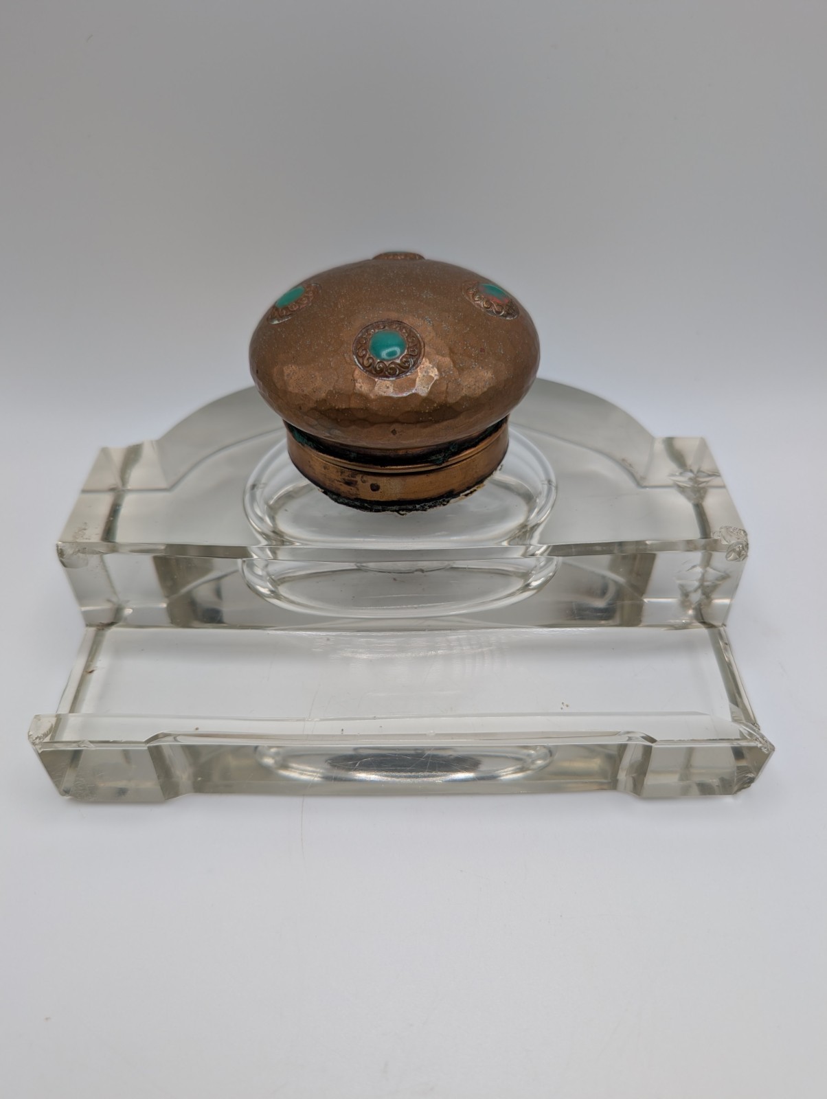 Antique Hansa D.R.P. D.R.G.M. German Glass Inkwell Hammered Metal Green Cabochon