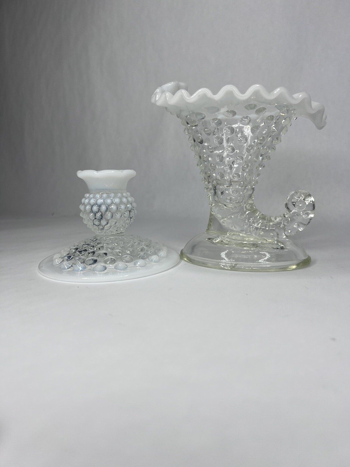 Pair Fenton White Opalescent Glass Hobnail Candle Holders