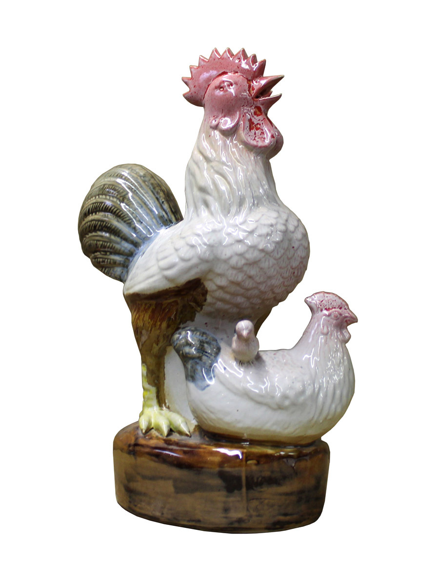 Off White Glaze Ceramic Rooster Family Figure cs2445