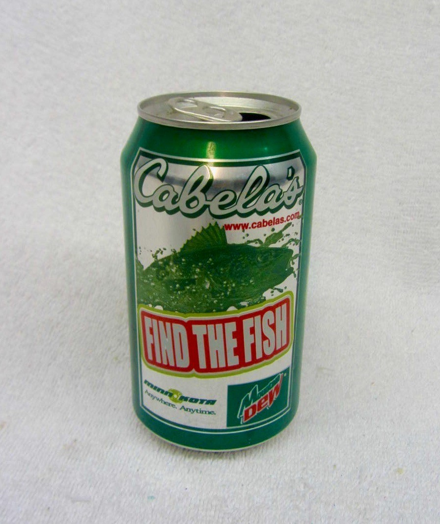 Vtg Mountain Dew CABELAS Find The Fish Promotional 12 oz EMPTY can 2001 MT DEW